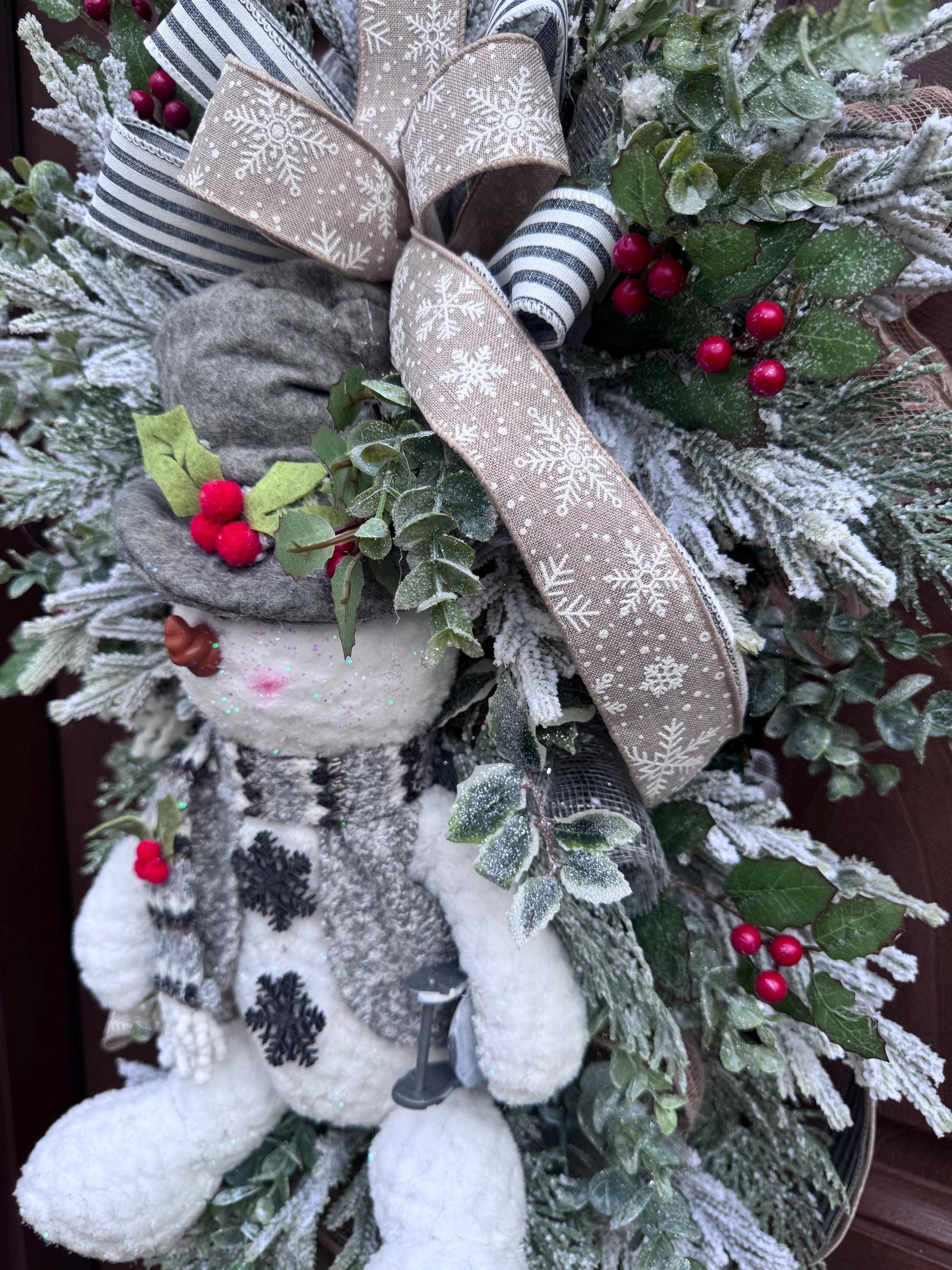 Winter Snowman Christmas Wreath • Rustic Flocked Pine Door Swag • Cozy Holiday Front Door Decor • Handmade Christmas Wreath