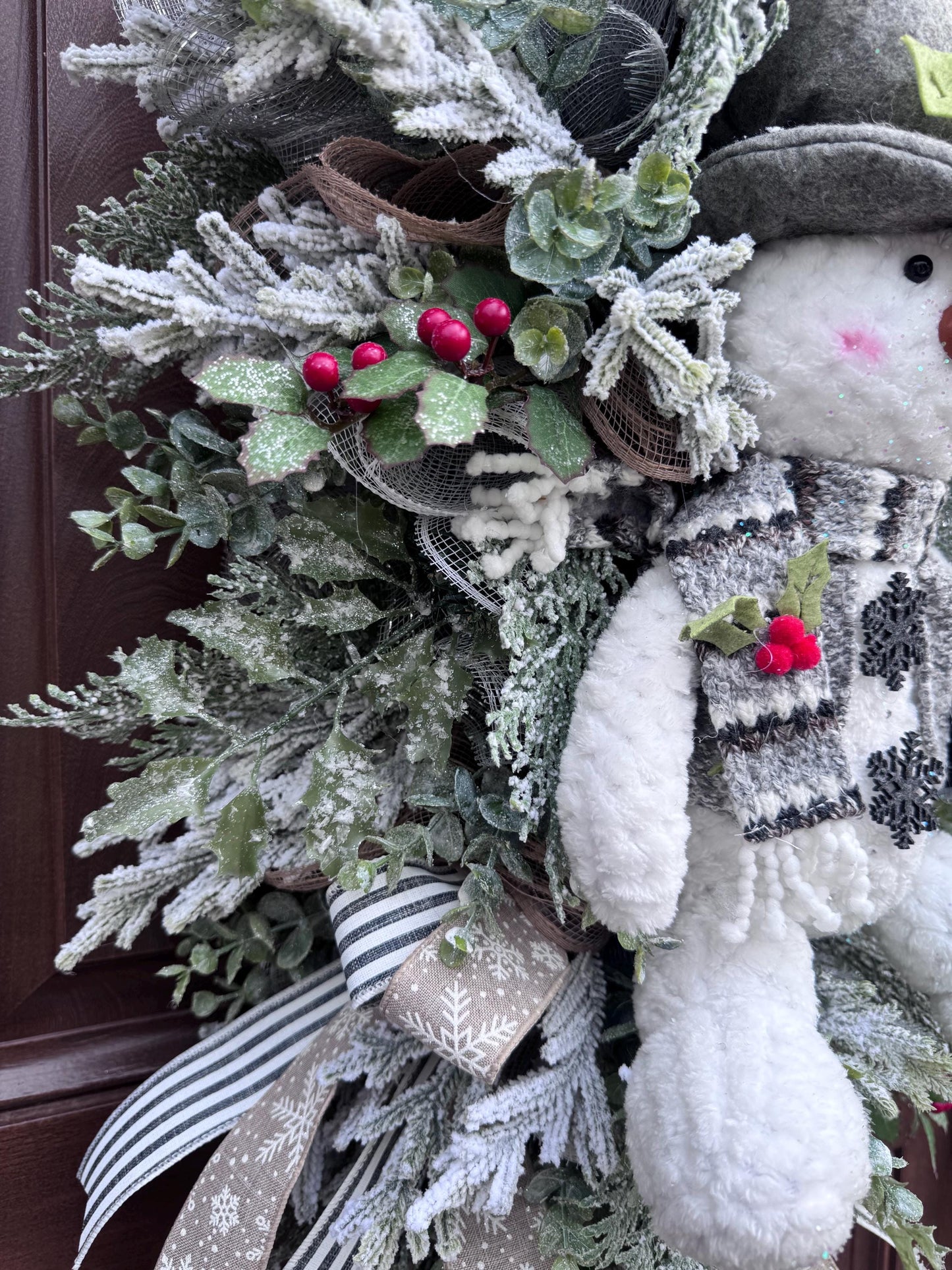Winter Snowman Christmas Wreath • Rustic Flocked Pine Door Swag • Cozy Holiday Front Door Decor • Handmade Christmas Wreath