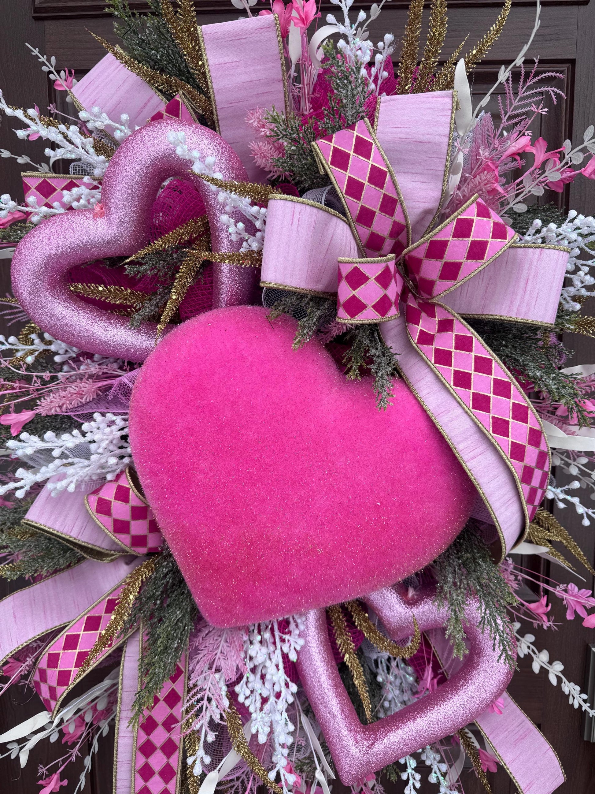 Flocked Pink Heart Wreath, Whimsical Valentine Home Decor for Outdoor Porch or Indoor Office Wall Hanger