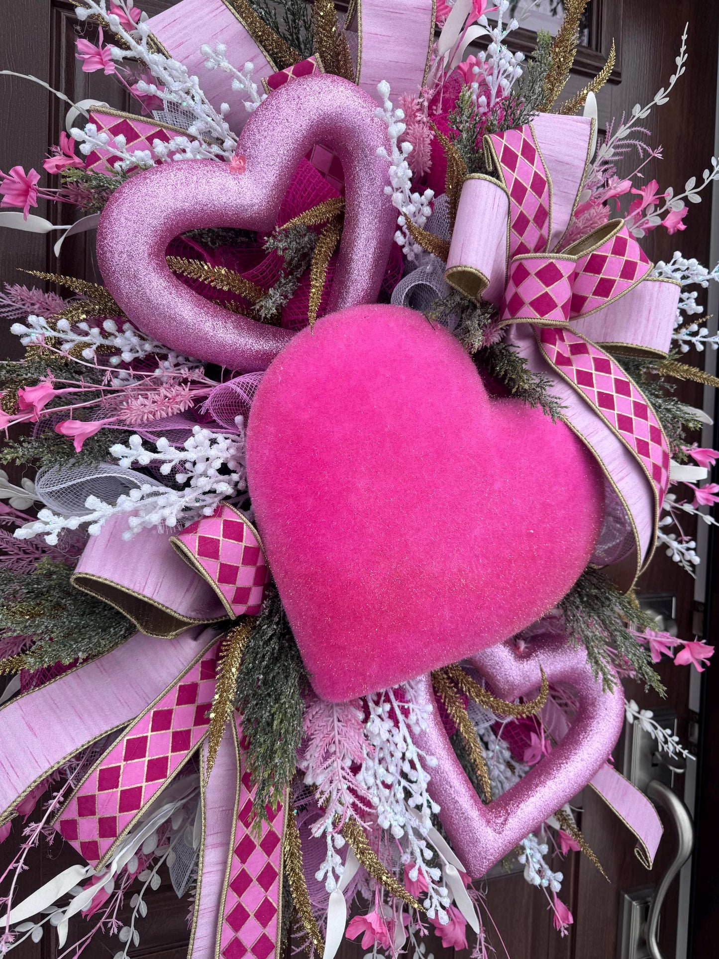 Flocked Pink Heart Wreath, Whimsical Valentine Home Decor for Outdoor Porch or Indoor Office Wall Hanger