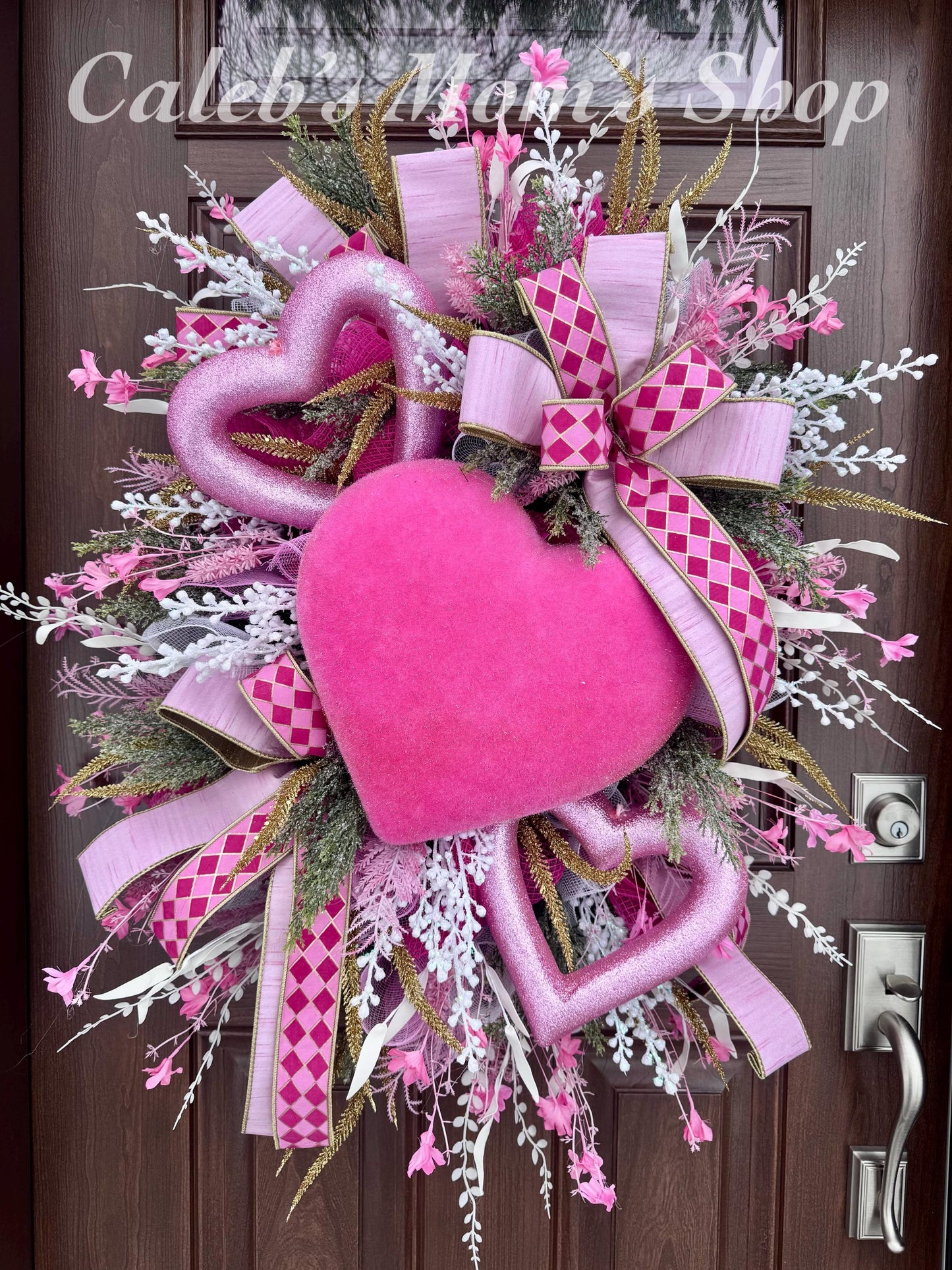 Flocked Pink Heart Wreath, Whimsical Valentine Home Decor for Outdoor Porch or Indoor Office Wall Hanger