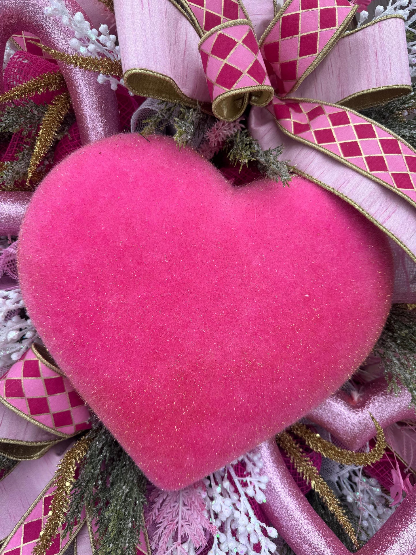 Flocked Pink Heart Wreath, Whimsical Valentine Home Decor for Outdoor Porch or Indoor Office Wall Hanger