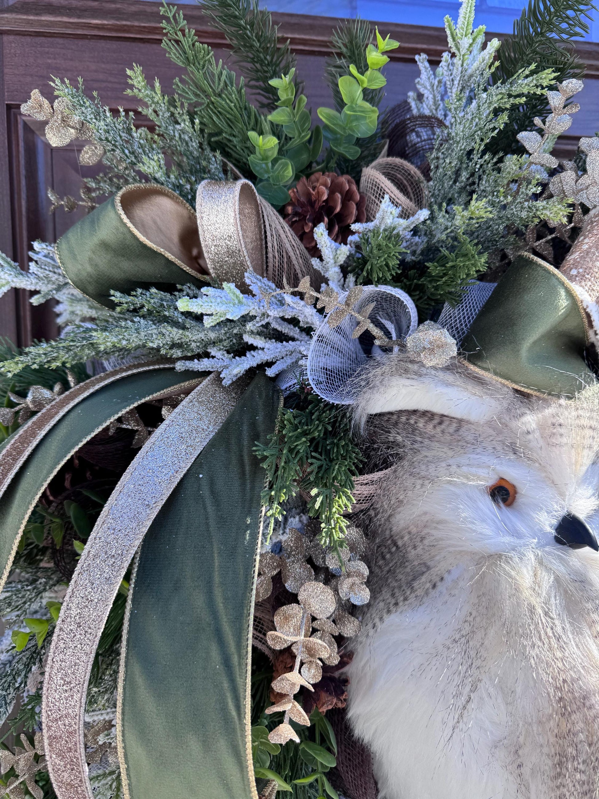 Rustic Winter Owl Wreath, Luxury Holiday Wall Hanger, Elegant Winter Wedding Centerpiece, Hostess Gift