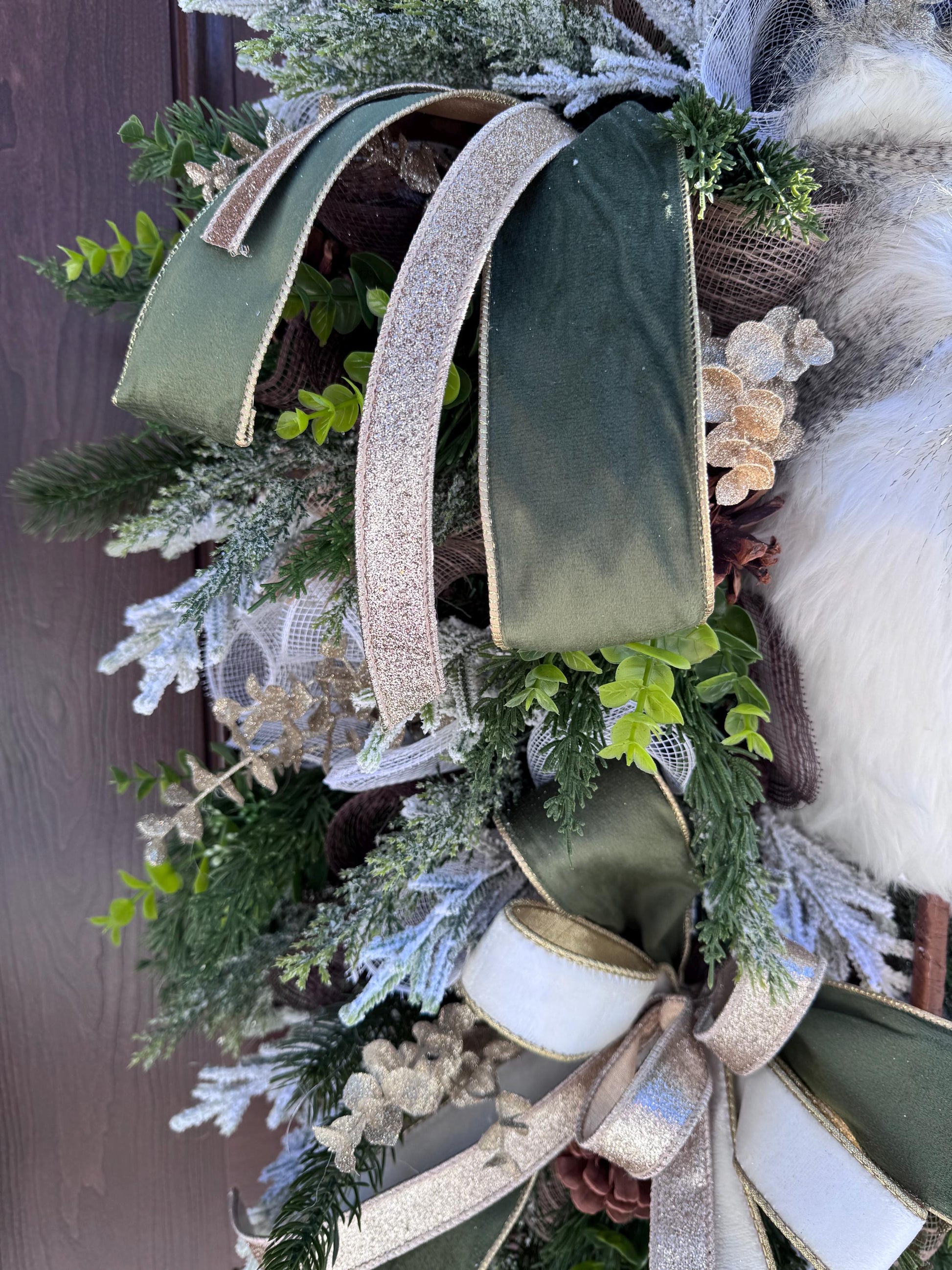 Rustic Winter Owl Wreath, Luxury Holiday Wall Hanger, Elegant Winter Wedding Centerpiece, Hostess Gift