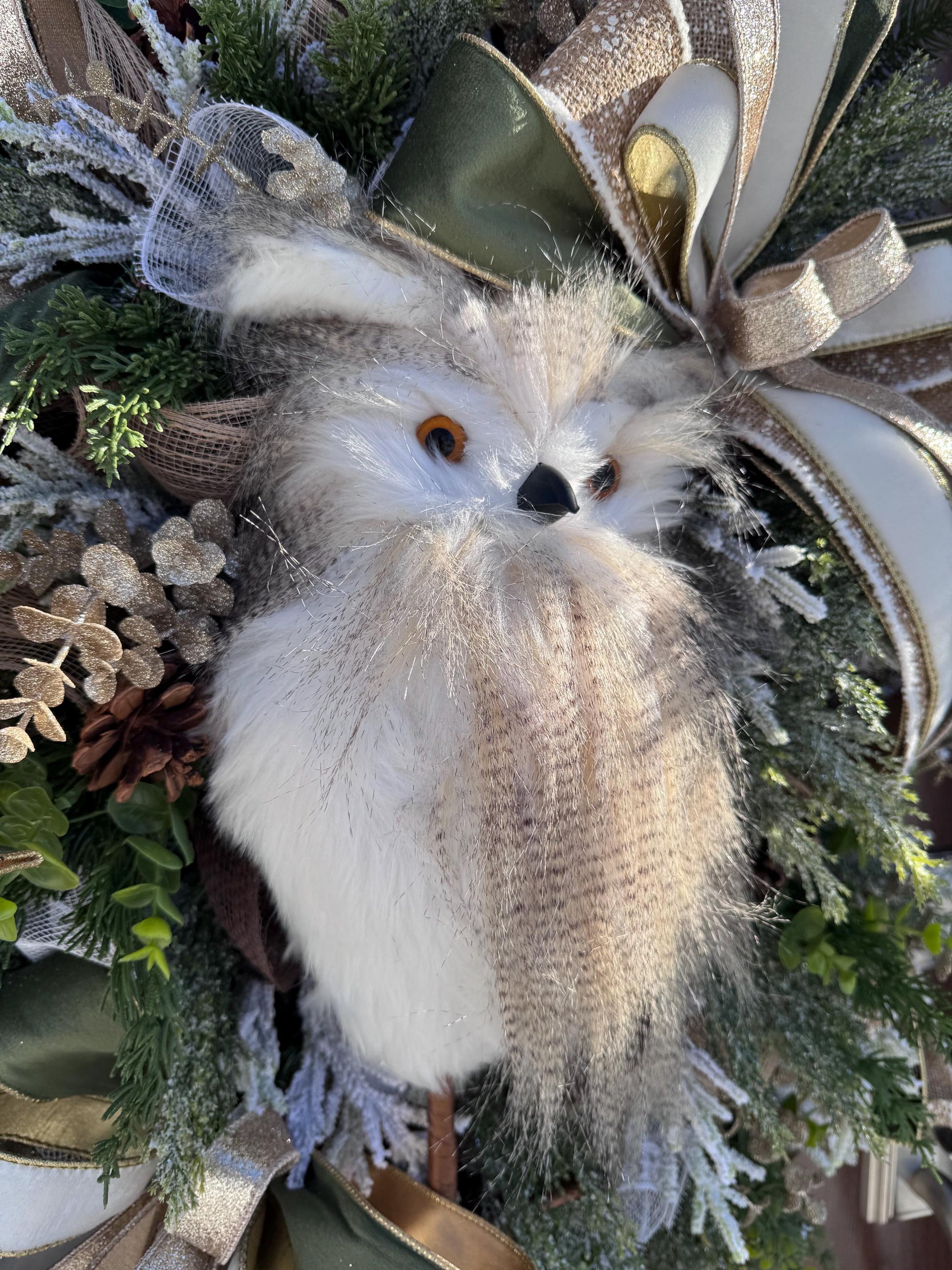 Rustic Winter Owl Wreath, Luxury Holiday Wall Hanger, Elegant Winter Wedding Centerpiece, Hostess Gift