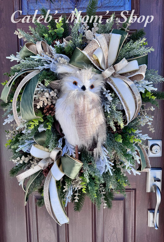 Rustic Winter Owl Wreath, Luxury Holiday Wall Hanger, Elegant Winter Wedding Centerpiece, Hostess Gift