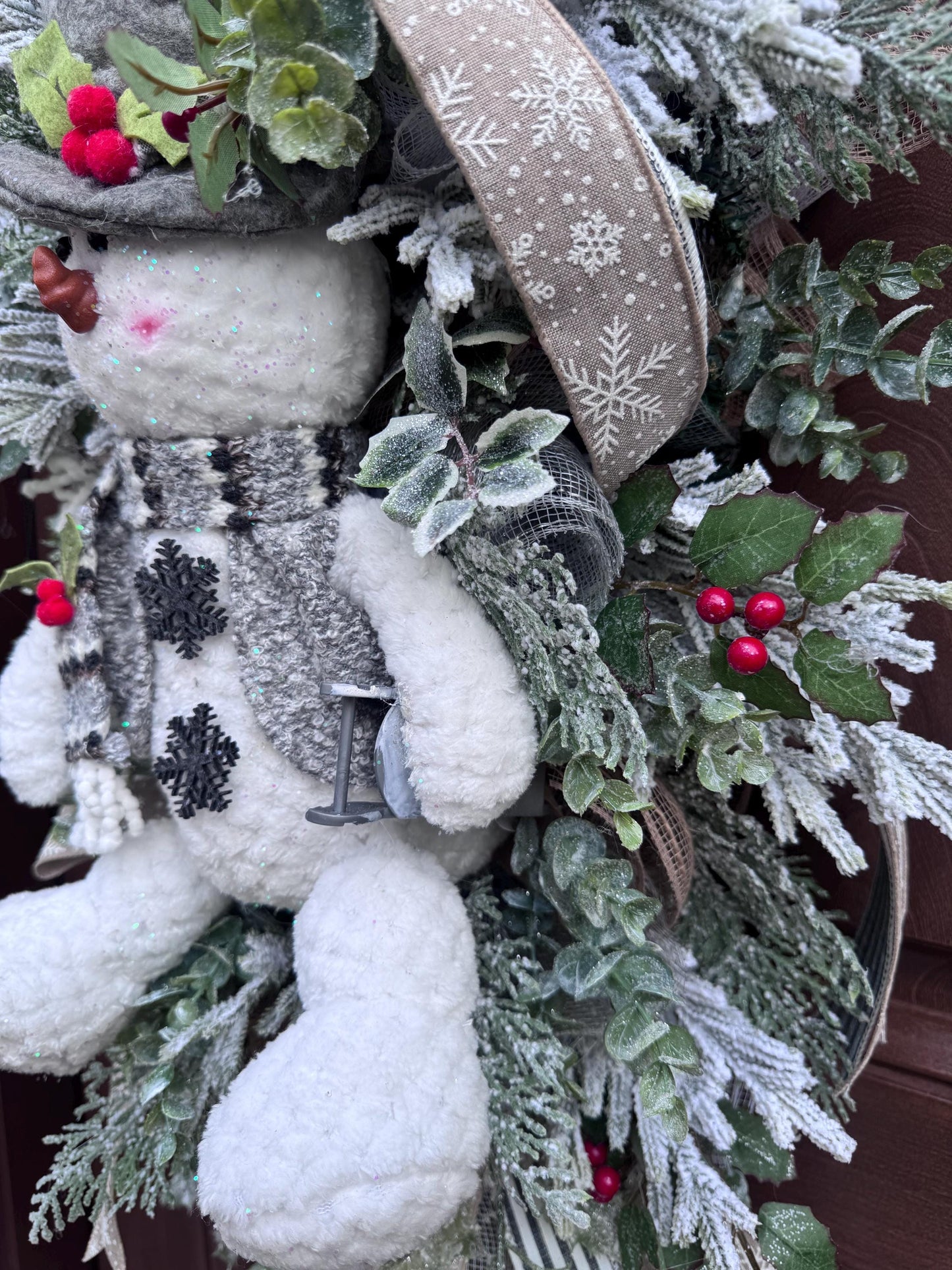 Winter Snowman Christmas Wreath • Rustic Flocked Pine Door Swag • Cozy Holiday Front Door Decor • Handmade Christmas Wreath