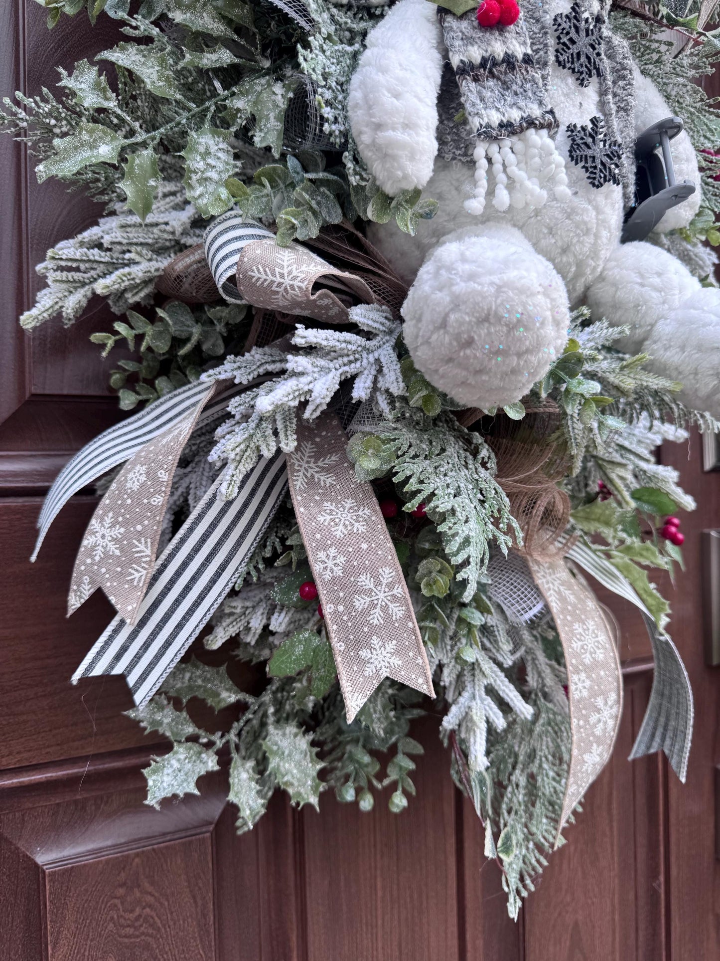 Winter Snowman Christmas Wreath • Rustic Flocked Pine Door Swag • Cozy Holiday Front Door Decor • Handmade Christmas Wreath