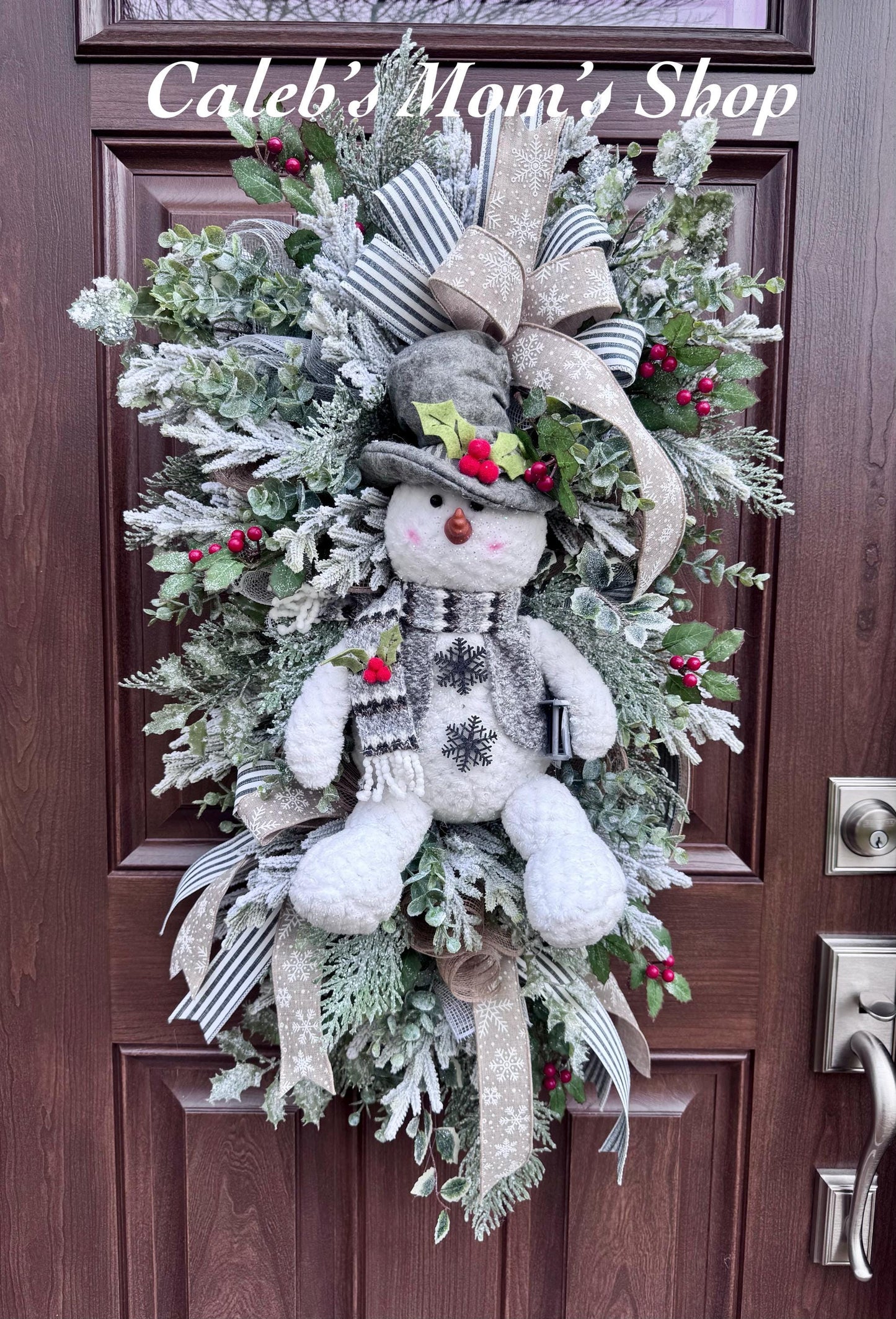 Winter Snowman Christmas Wreath • Rustic Flocked Pine Door Swag • Cozy Holiday Front Door Decor • Handmade Christmas Wreath
