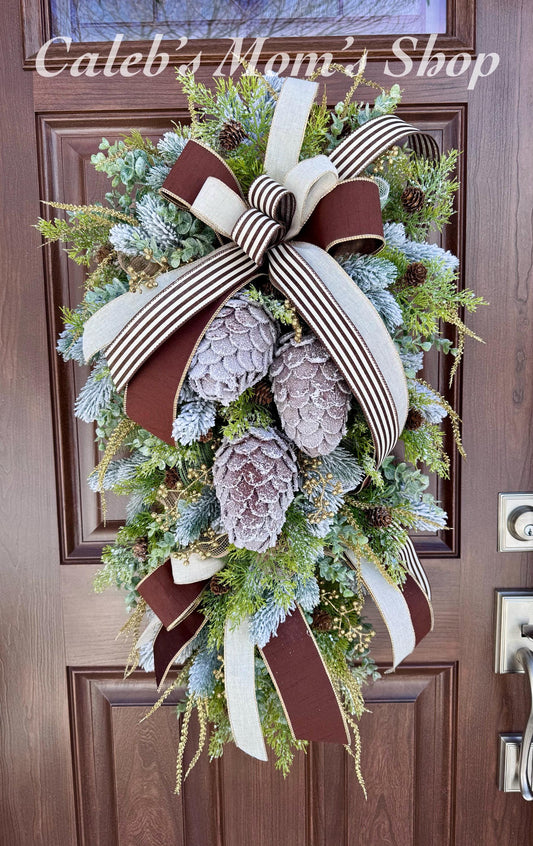 Rustic Winter Pinecone Wreath, Large Christmas Door Hanger, Woodland Holiday Wreath, Evergreen Farmhouse Decor