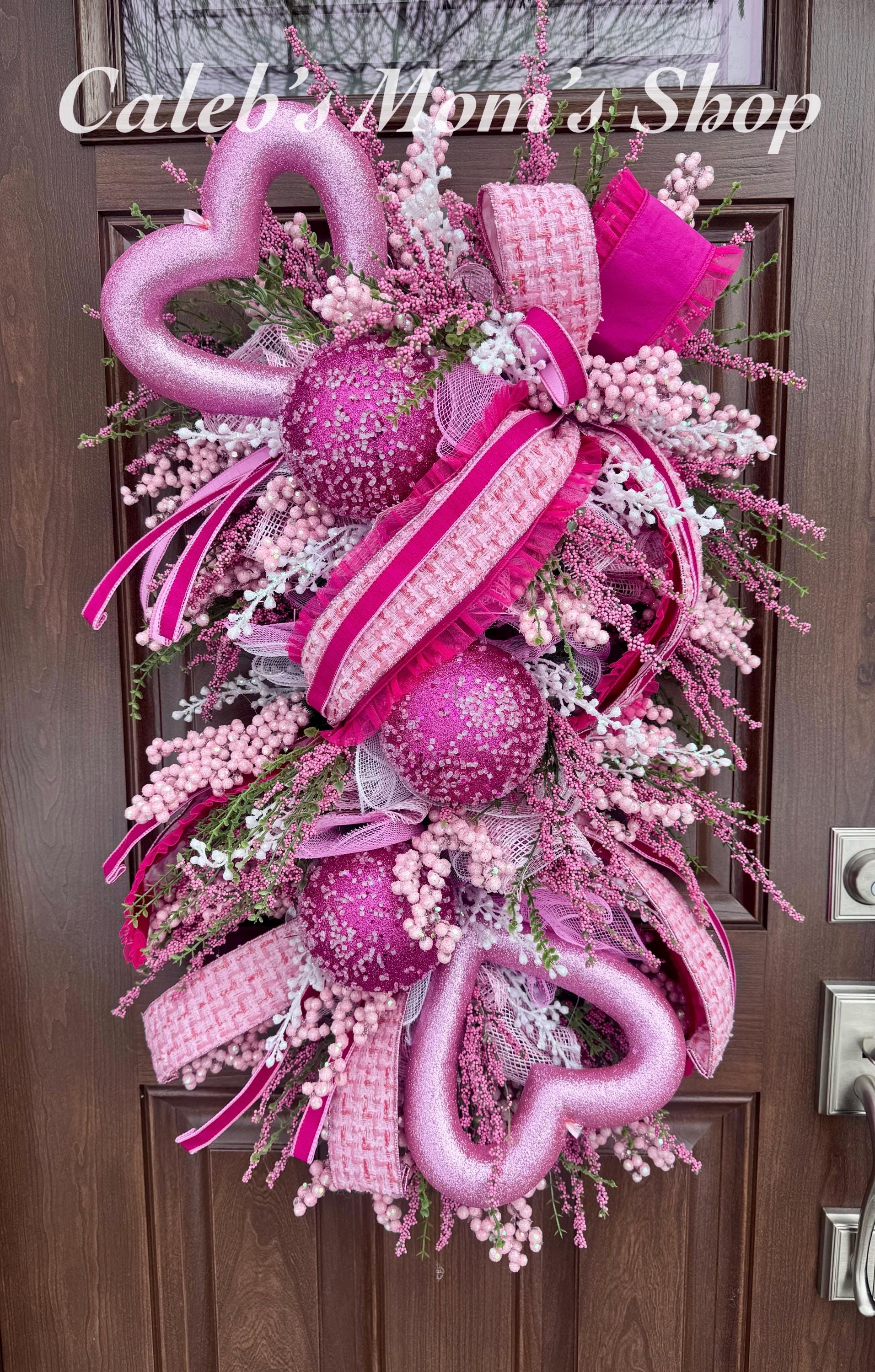 Whimsical Pink Valentine Swag Wreath, Romantic Heart Valentine Front Door Decor, Handmade Valentine Swag