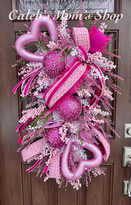 Whimsical Pink Valentine Swag Wreath, Romantic Heart Valentine Front Door Decor, Handmade Valentine Swag