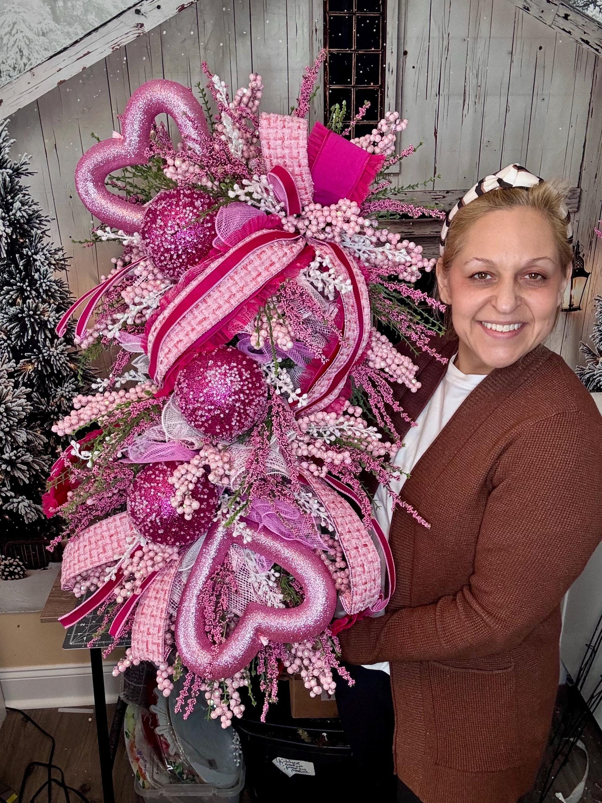 Whimsical Pink Valentine Swag Wreath, Romantic Heart Valentine Front Door Decor, Handmade Valentine Swag