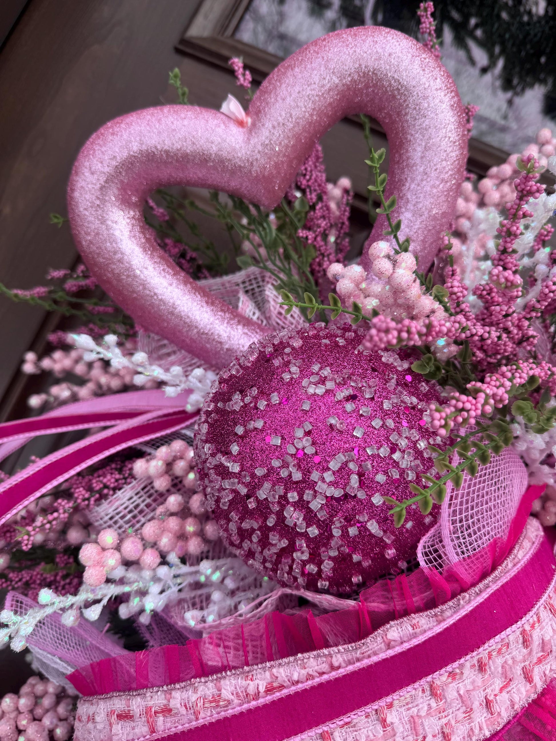 Whimsical Pink Valentine Swag Wreath, Romantic Heart Valentine Front Door Decor, Handmade Valentine Swag