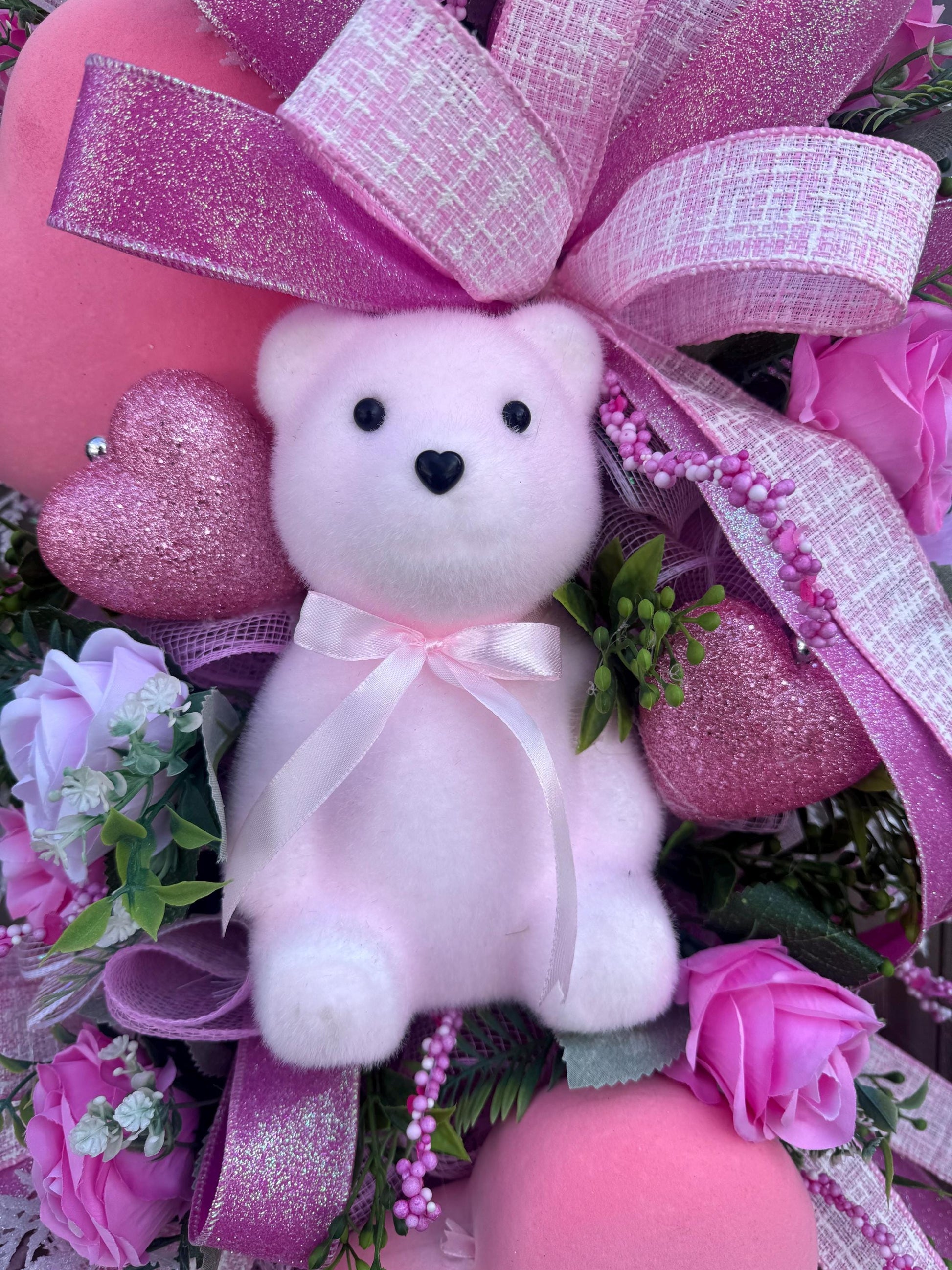 Pink Bear Valentines Day Wreath, Romantic Heart Love Wreath for Outdoor Porch or Indoor Office Wall Hanging, Glam Home Decor
