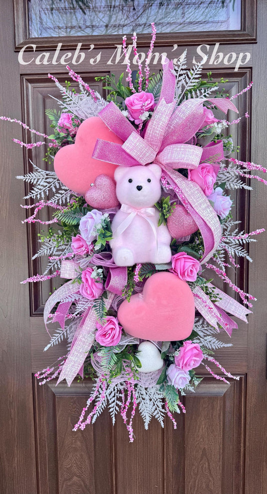 Pink Bear Valentines Day Wreath, Romantic Heart Love Wreath for Outdoor Porch or Indoor Office Wall Hanging, Glam Home Decor