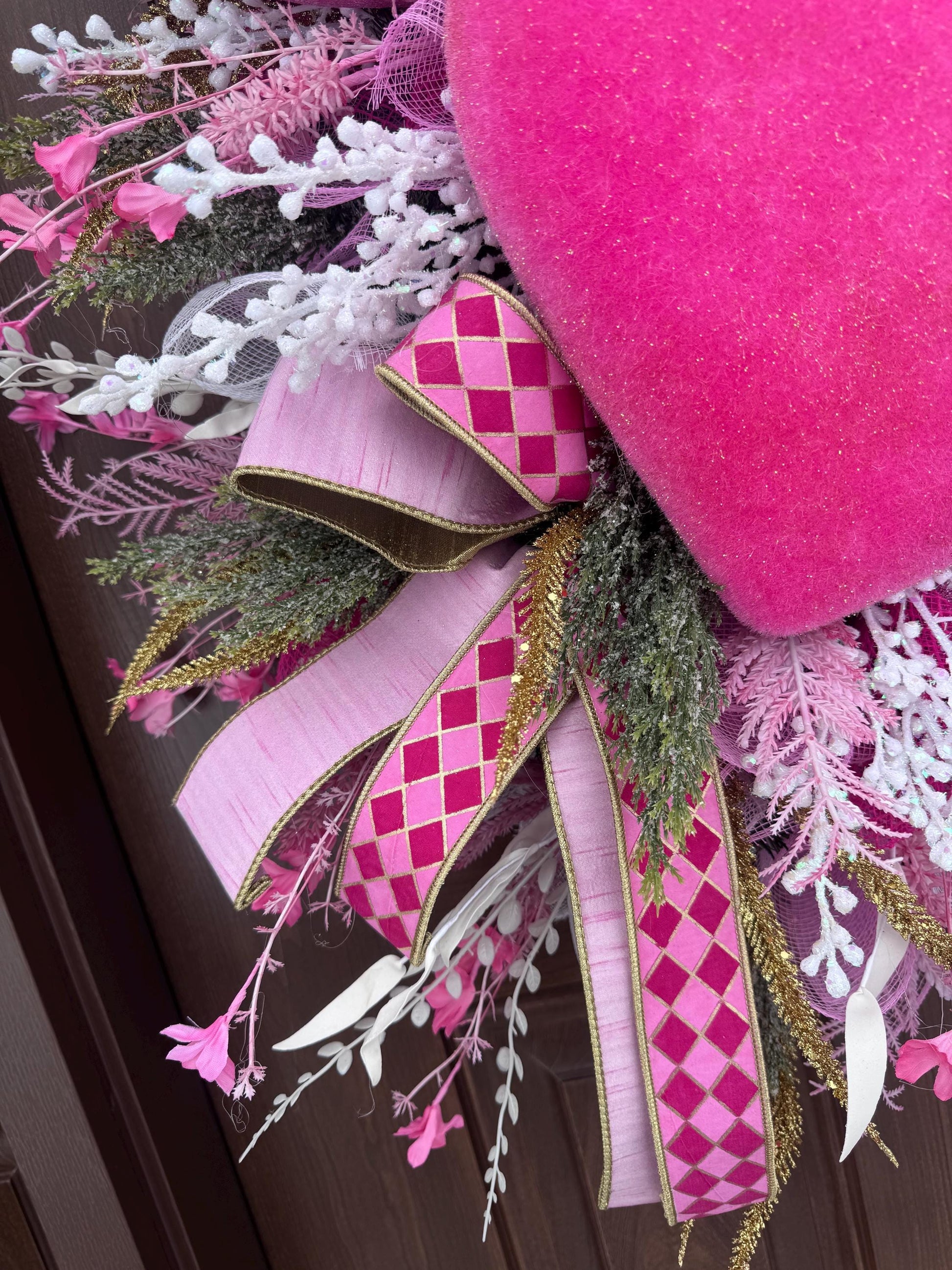 Flocked Pink Heart Wreath, Whimsical Valentine Home Decor for Outdoor Porch or Indoor Office Wall Hanger