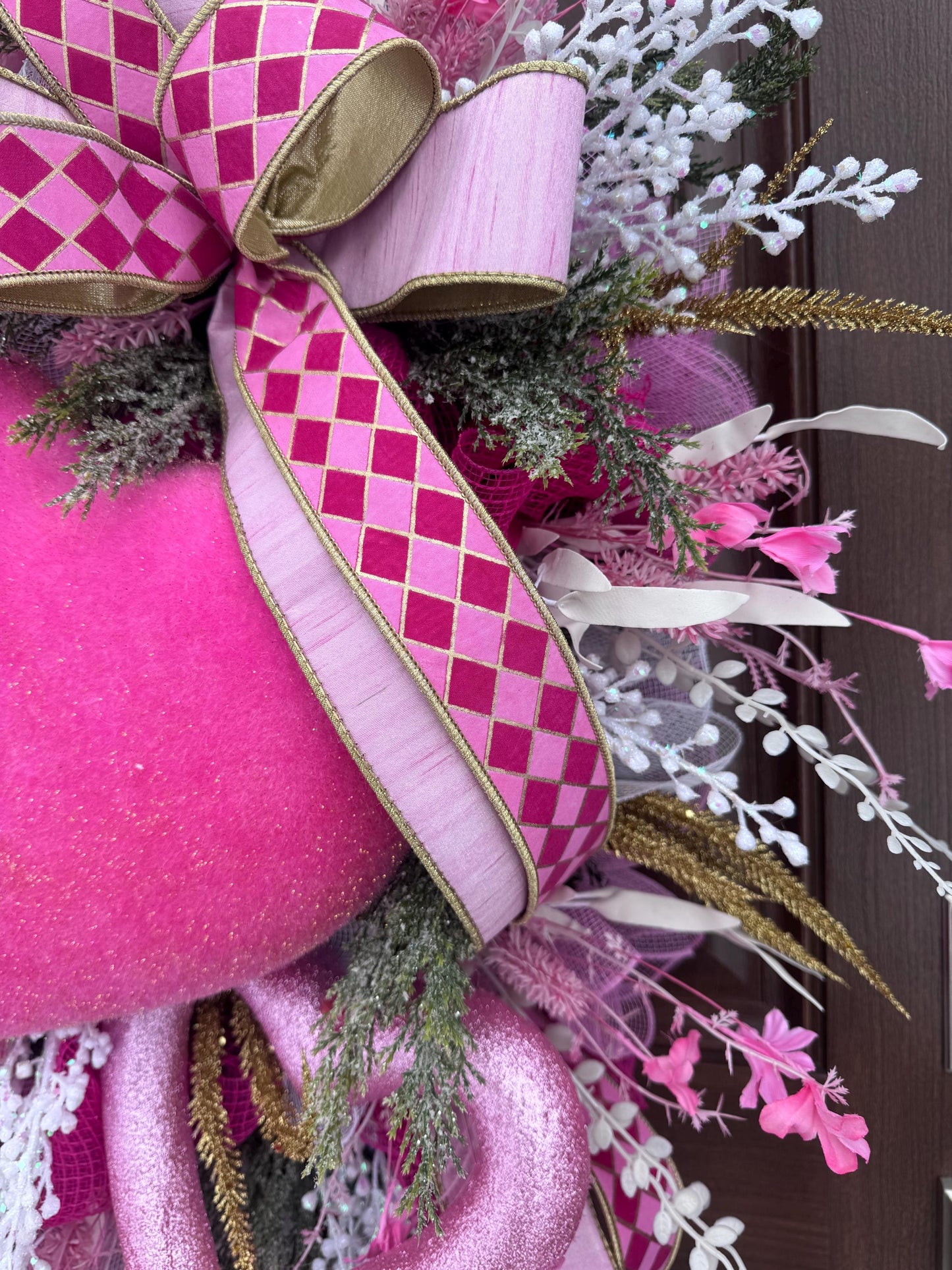 Flocked Pink Heart Wreath, Whimsical Valentine Home Decor for Outdoor Porch or Indoor Office Wall Hanger