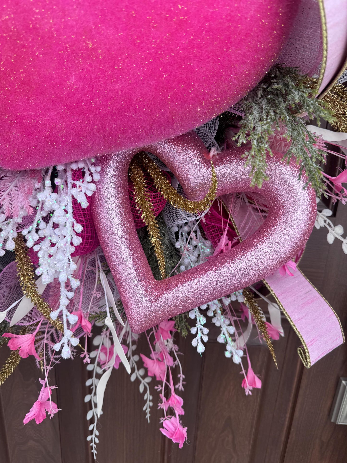 Flocked Pink Heart Wreath, Whimsical Valentine Home Decor for Outdoor Porch or Indoor Office Wall Hanger