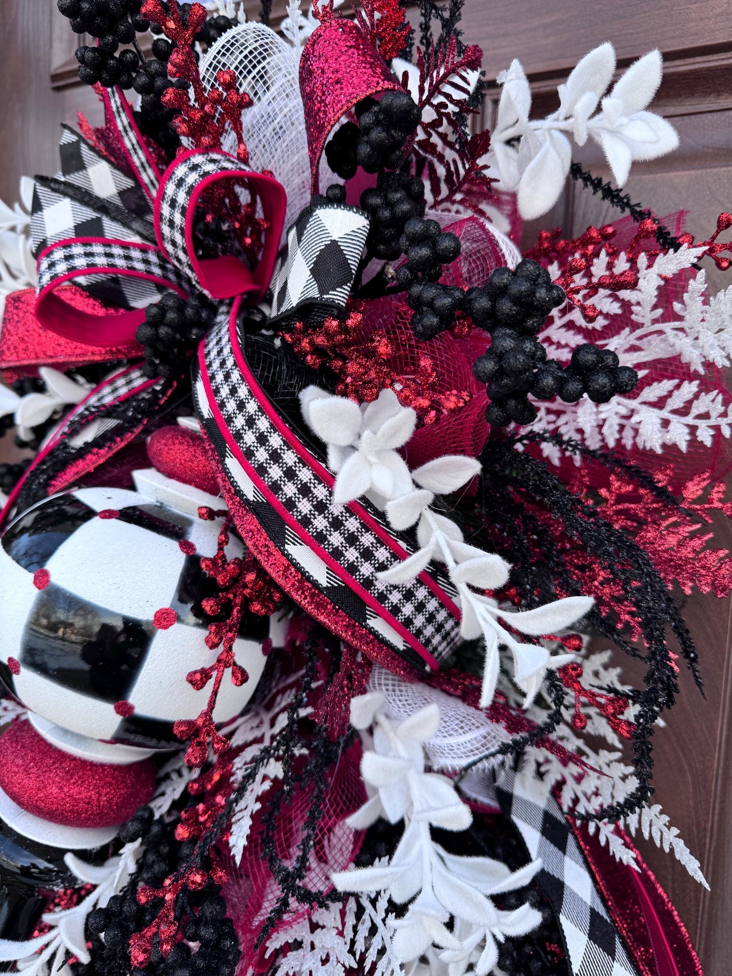 Glam Valentine’s Day Swag Wreath, Red Black & White Finial Ornament Door Decor, Romantic Statement Swag
