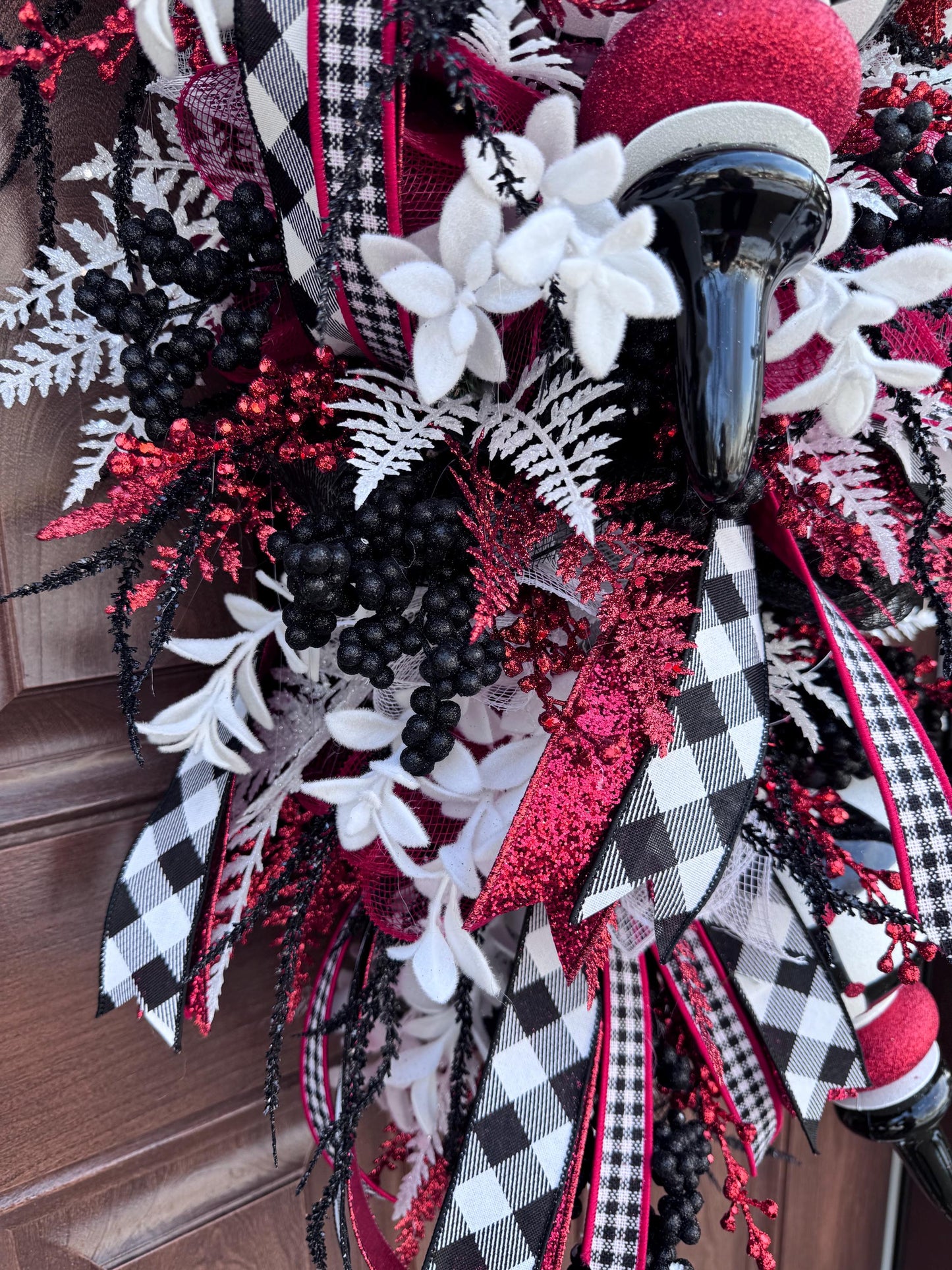 Glam Valentine’s Day Swag Wreath, Red Black & White Finial Ornament Door Decor, Romantic Statement Swag