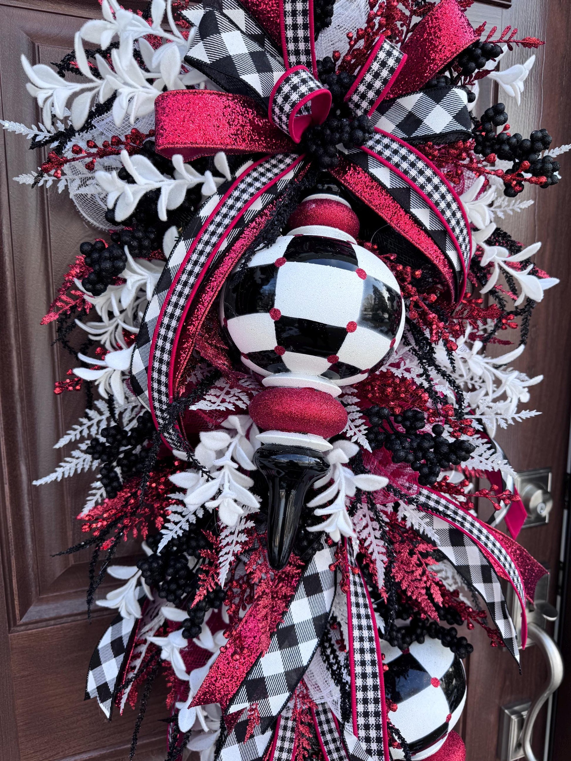 Glam Valentine’s Day Swag Wreath, Red Black & White Finial Ornament Door Decor, Romantic Statement Swag