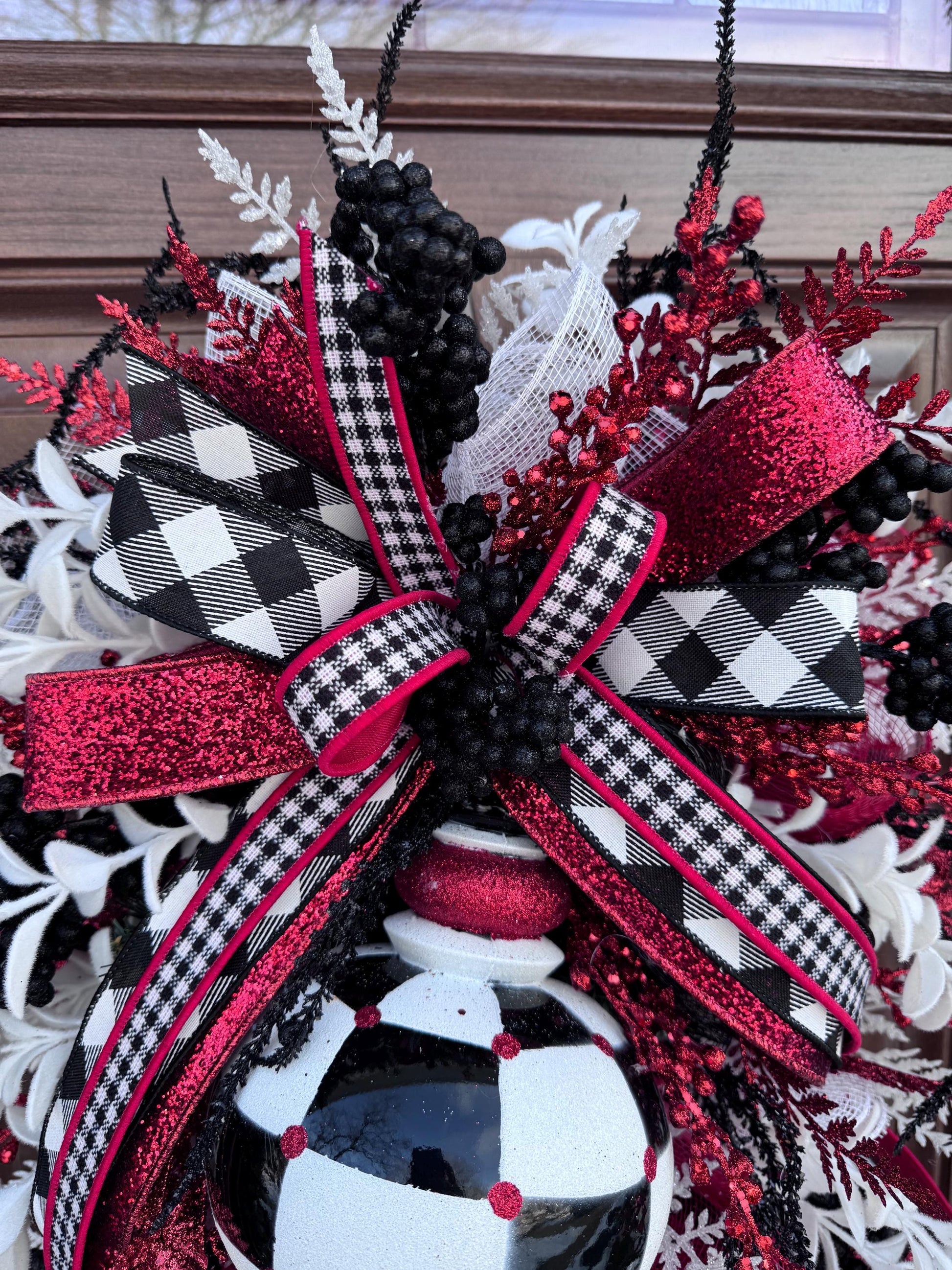 Glam Valentine’s Day Swag Wreath, Red Black & White Finial Ornament Door Decor, Romantic Statement Swag