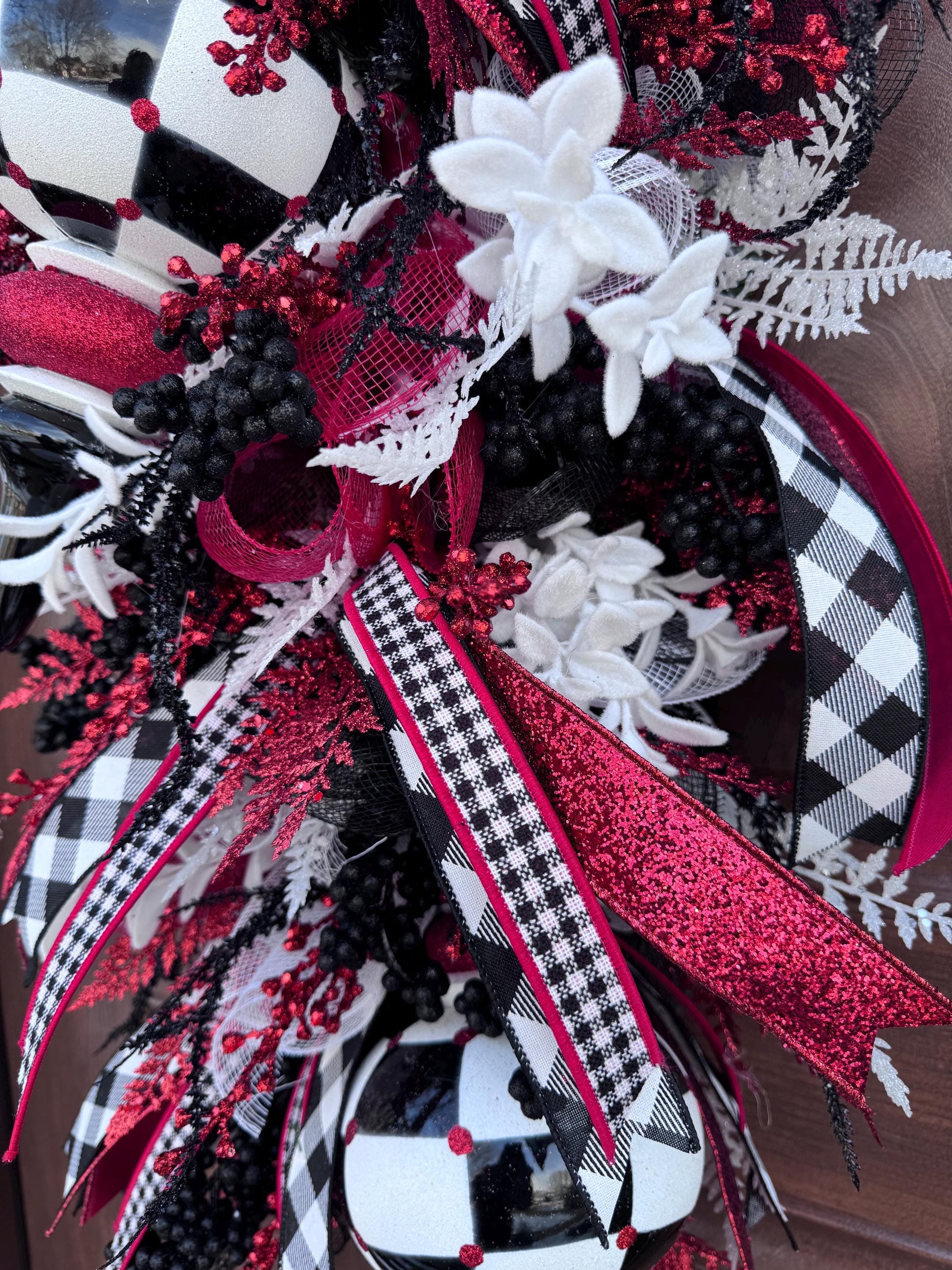 Glam Valentine’s Day Swag Wreath, Red Black & White Finial Ornament Door Decor, Romantic Statement Swag