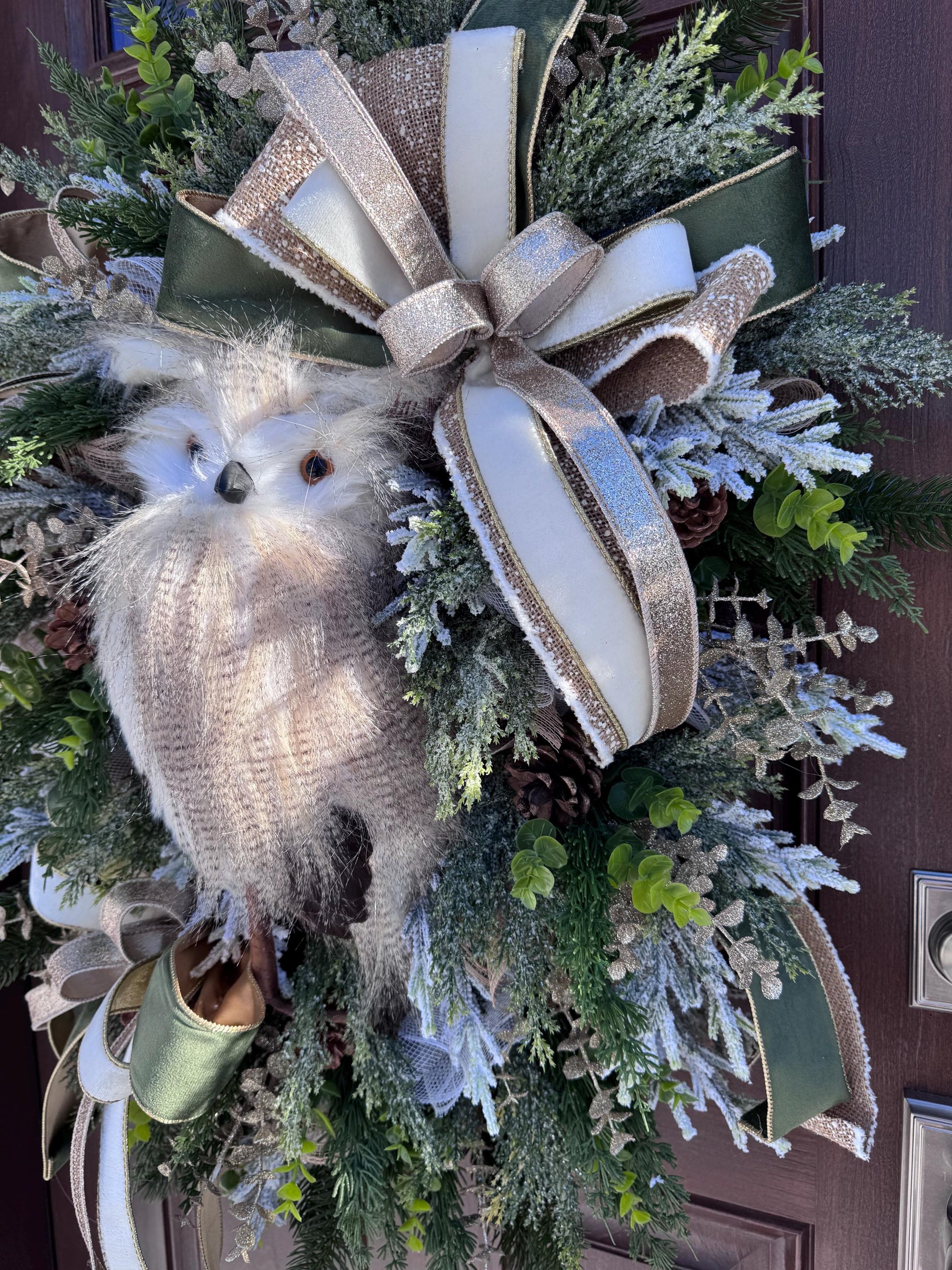 Rustic Winter Owl Wreath, Luxury Holiday Wall Hanger, Elegant Winter Wedding Centerpiece, Hostess Gift
