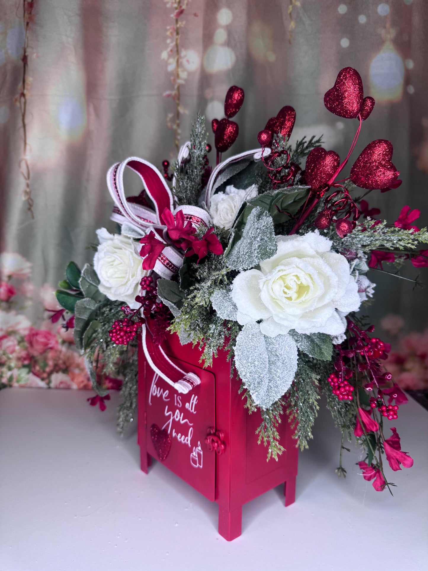 Valentine’s Red Mailbox Floral Arrangement | Love Is All You Need Decor | Romantic Valentine Centerpiece | Handmade Home Decor