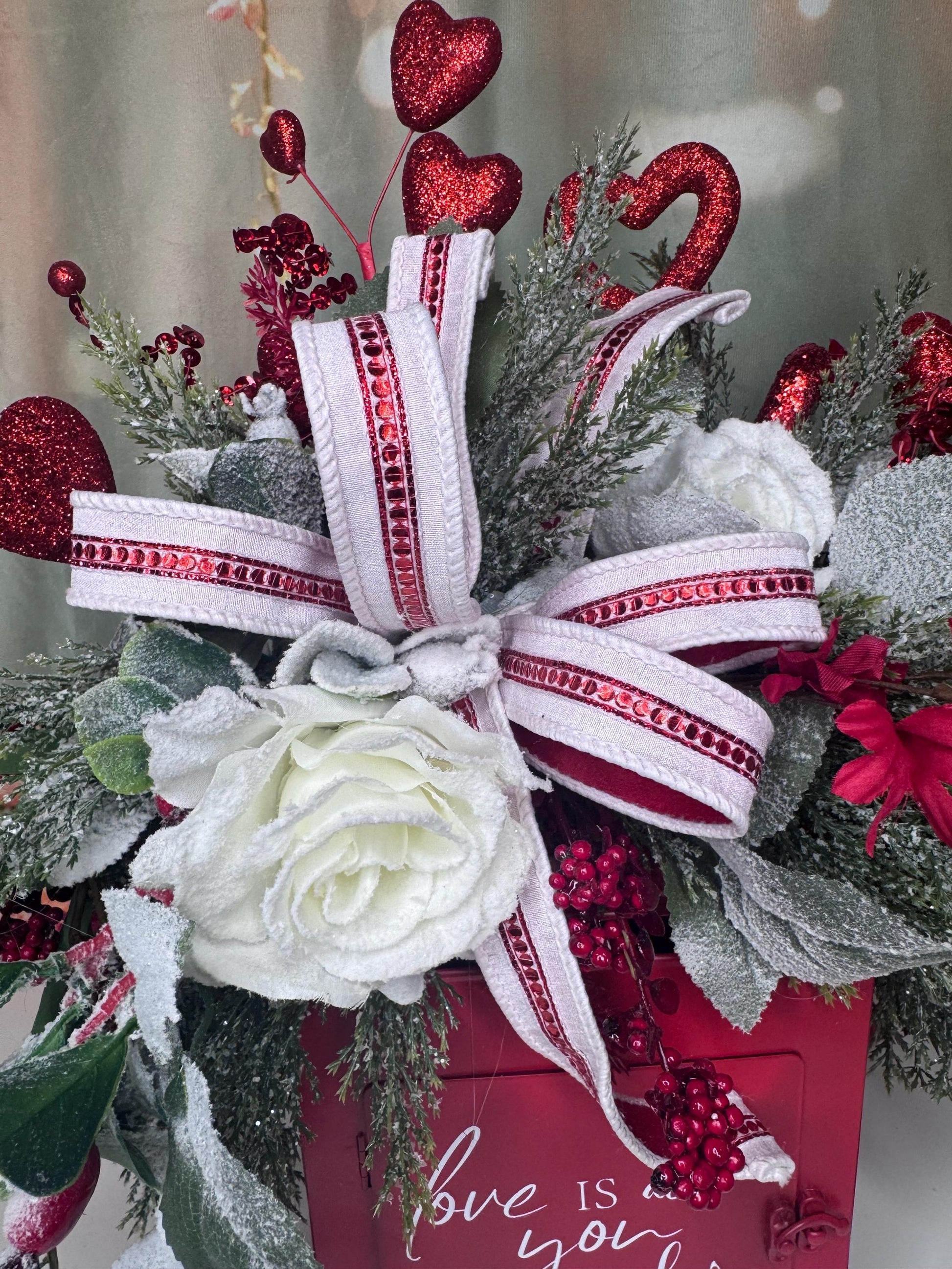 Valentine’s Red Mailbox Floral Arrangement | Love Is All You Need Decor | Romantic Valentine Centerpiece | Handmade Home Decor