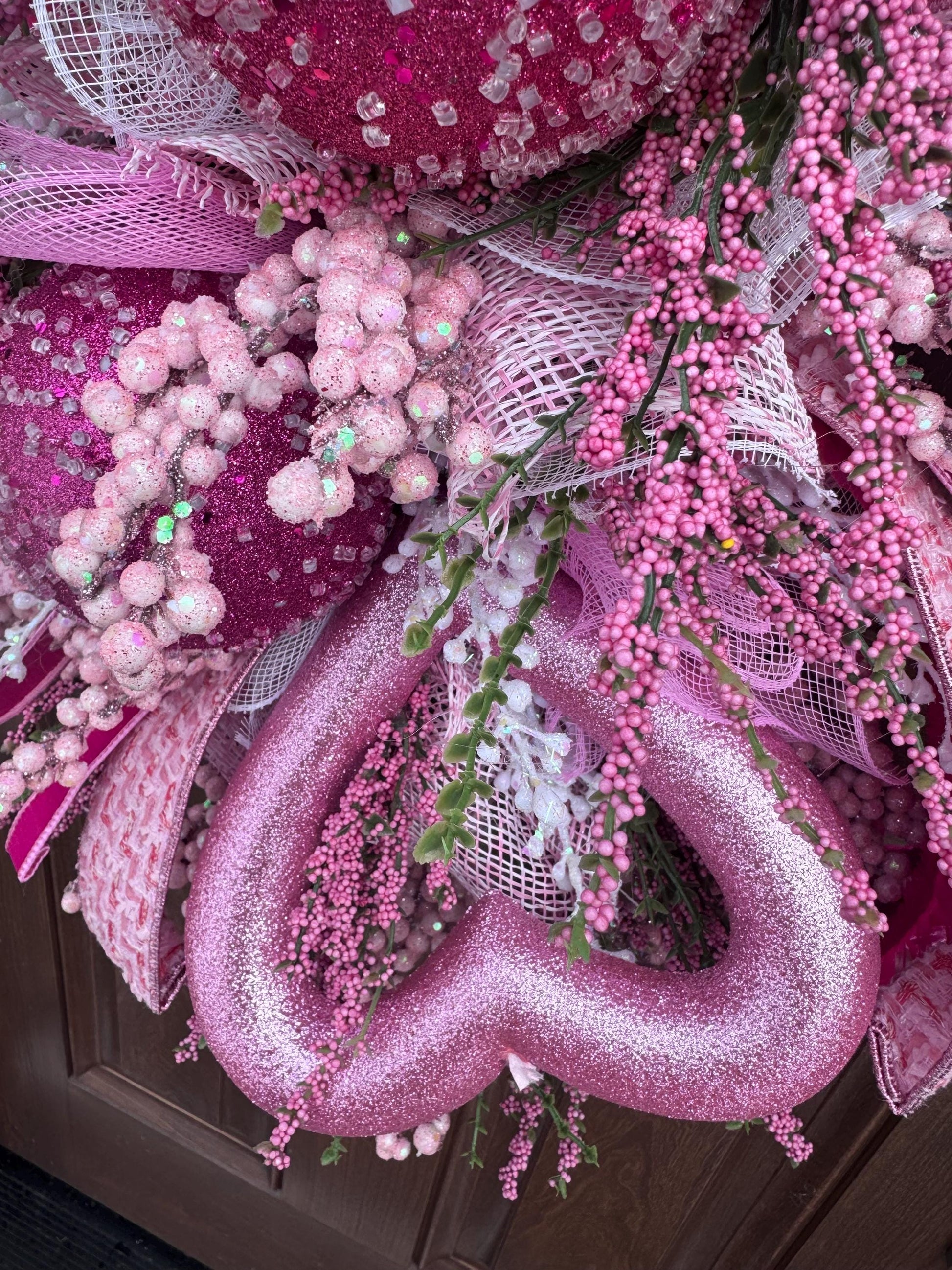 Whimsical Pink Valentine Swag Wreath, Romantic Heart Valentine Front Door Decor, Handmade Valentine Swag