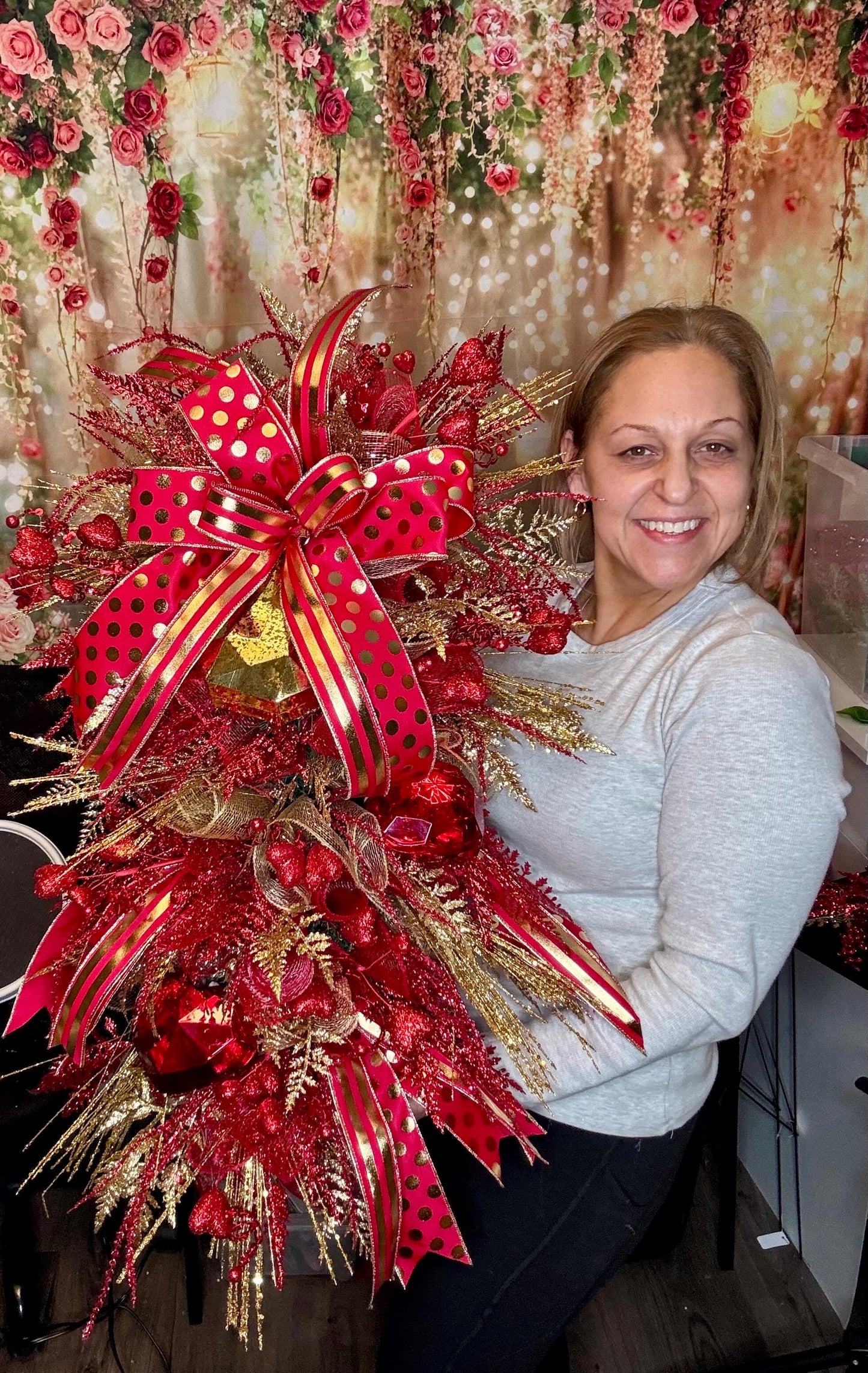 Red & Gold Valentine Door Swag | Elegant Heart Front Door Decor | Romantic Winter to Valentine Wreath Alternative