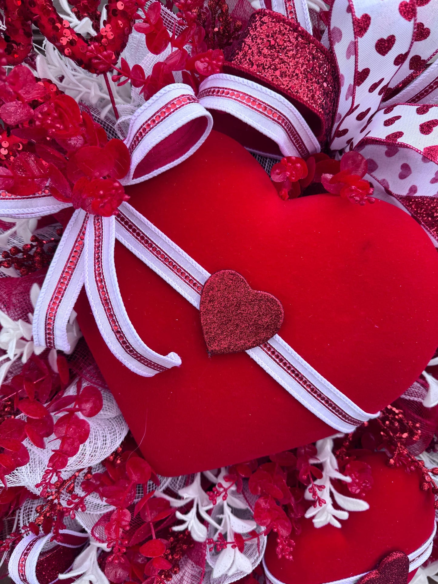 Valentine’s Day Heart Wreath, Red and White Front Door Decor, Love Theme Hanger, Romantic Handmade Gift Idea