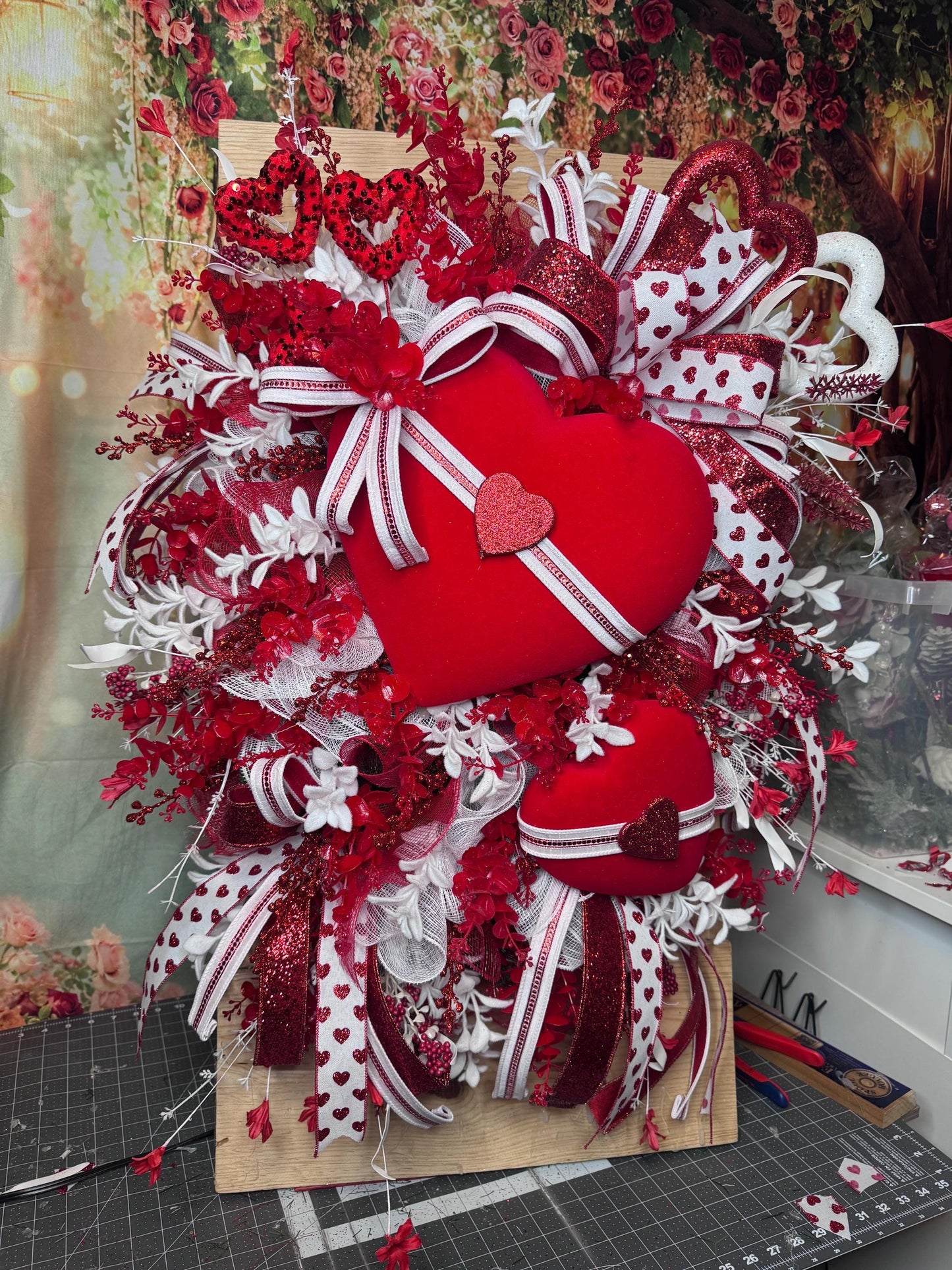 Valentine’s Day Heart Wreath, Red and White Front Door Decor, Love Theme Hanger, Romantic Handmade Gift Idea