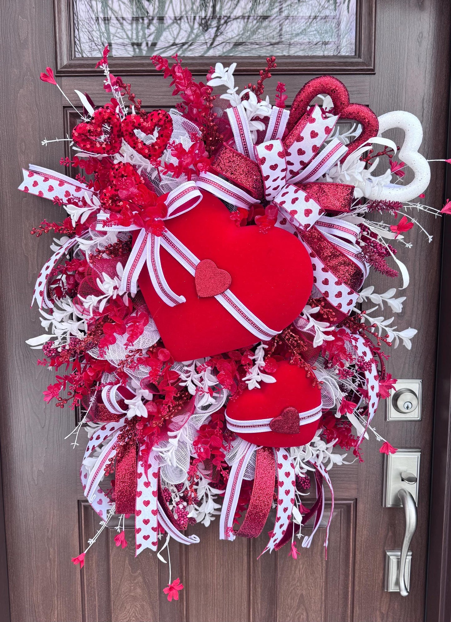 Valentine’s Day Heart Wreath, Red and White Front Door Decor, Love Theme Hanger, Romantic Handmade Gift Idea