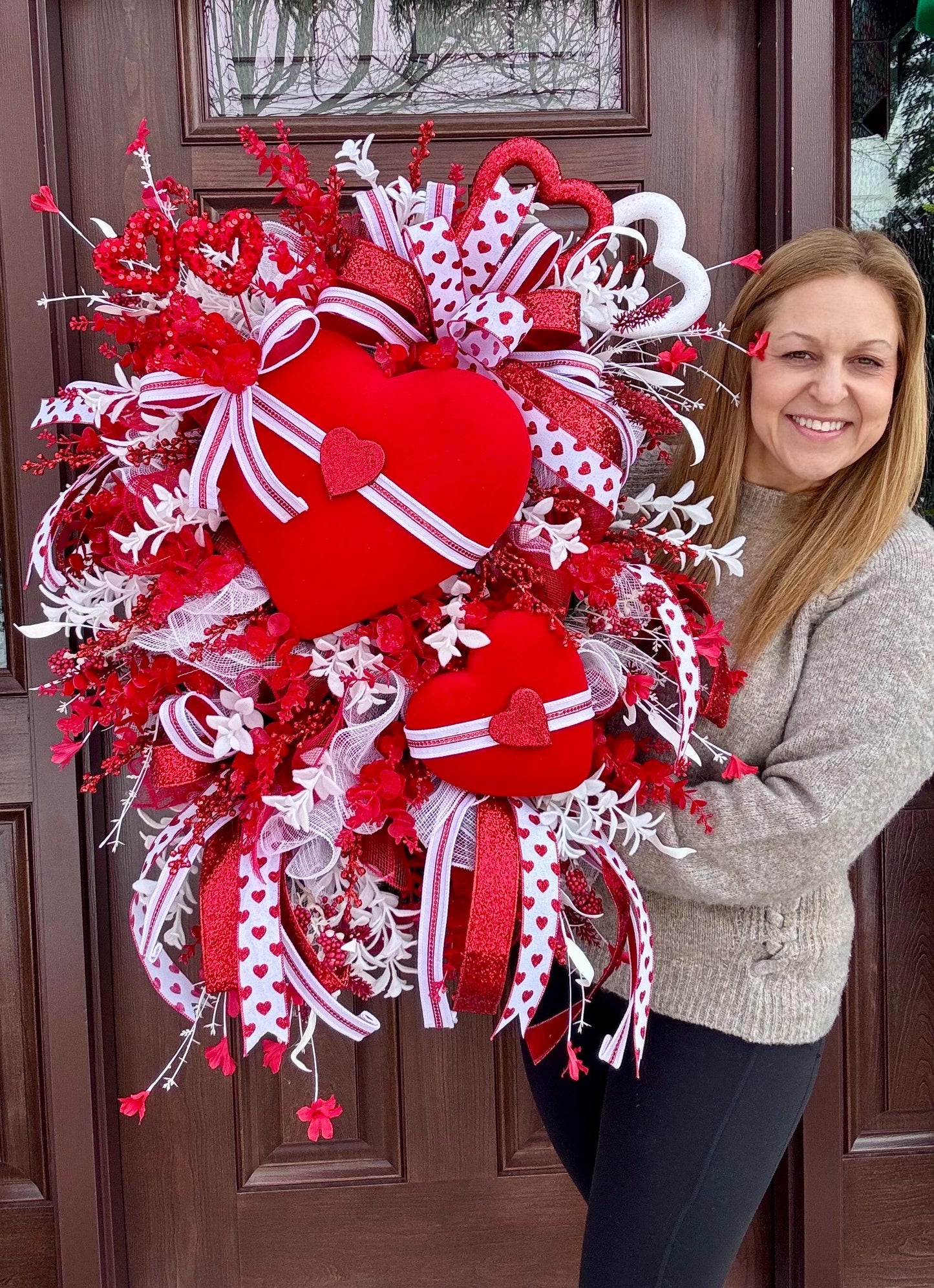 Valentine’s Day Heart Wreath, Red and White Front Door Decor, Love Theme Hanger, Romantic Handmade Gift Idea