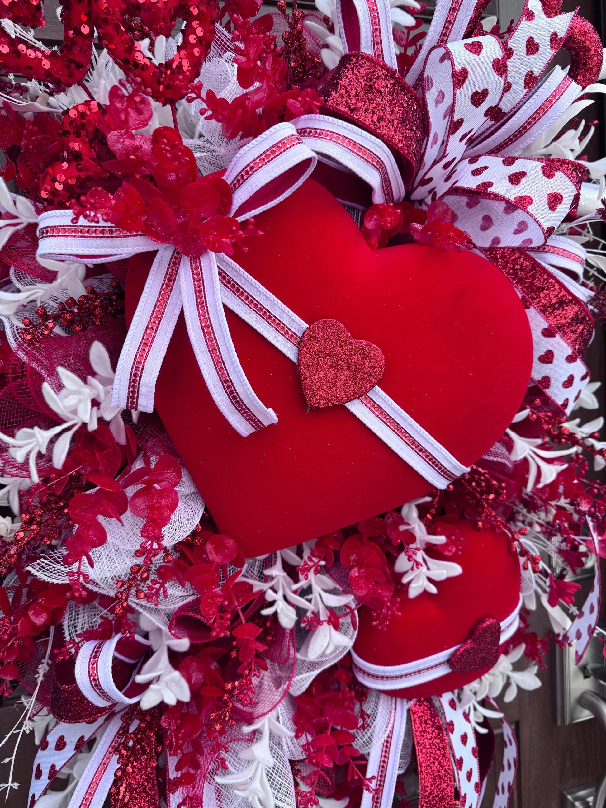 Valentine’s Day Heart Wreath, Red and White Front Door Decor, Love Theme Hanger, Romantic Handmade Gift Idea