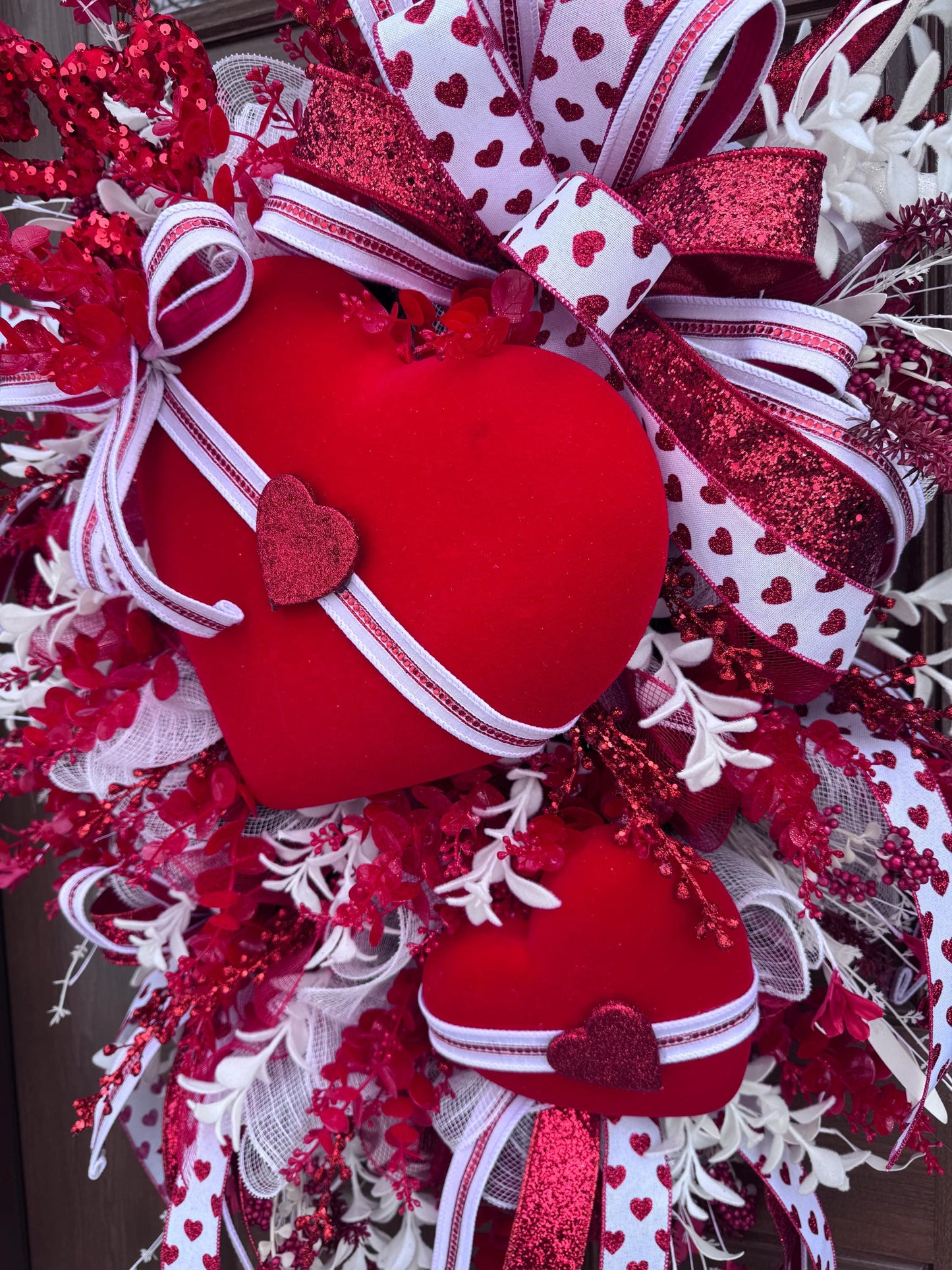 Valentine’s Day Heart Wreath, Red and White Front Door Decor, Love Theme Hanger, Romantic Handmade Gift Idea