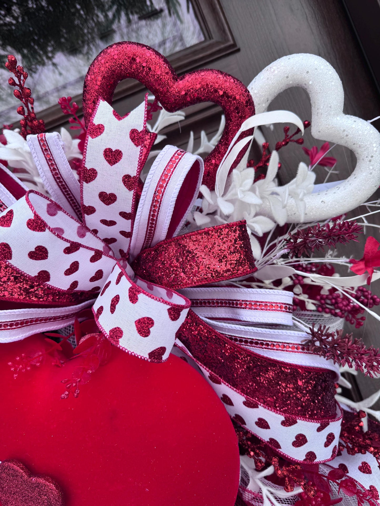 Valentine’s Day Heart Wreath, Red and White Front Door Decor, Love Theme Hanger, Romantic Handmade Gift Idea