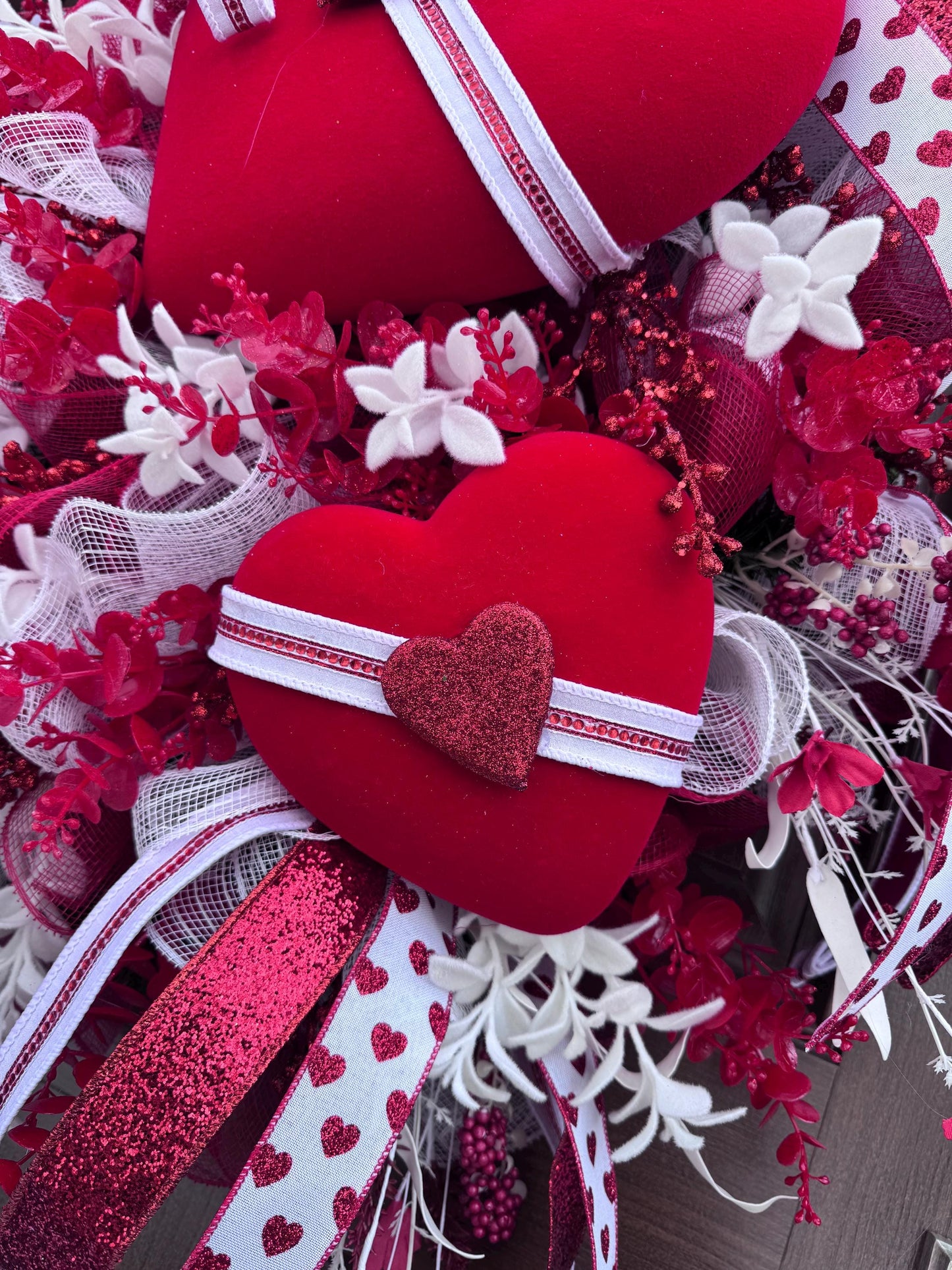 Valentine’s Day Heart Wreath, Red and White Front Door Decor, Love Theme Hanger, Romantic Handmade Gift Idea