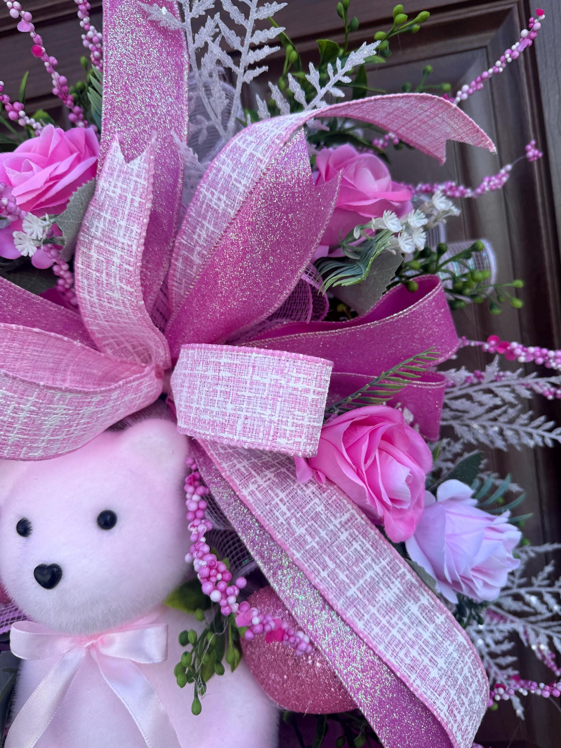 Pink Bear Valentines Day Wreath, Romantic Heart Love Wreath for Outdoor Porch or Indoor Office Wall Hanging, Glam Home Decor