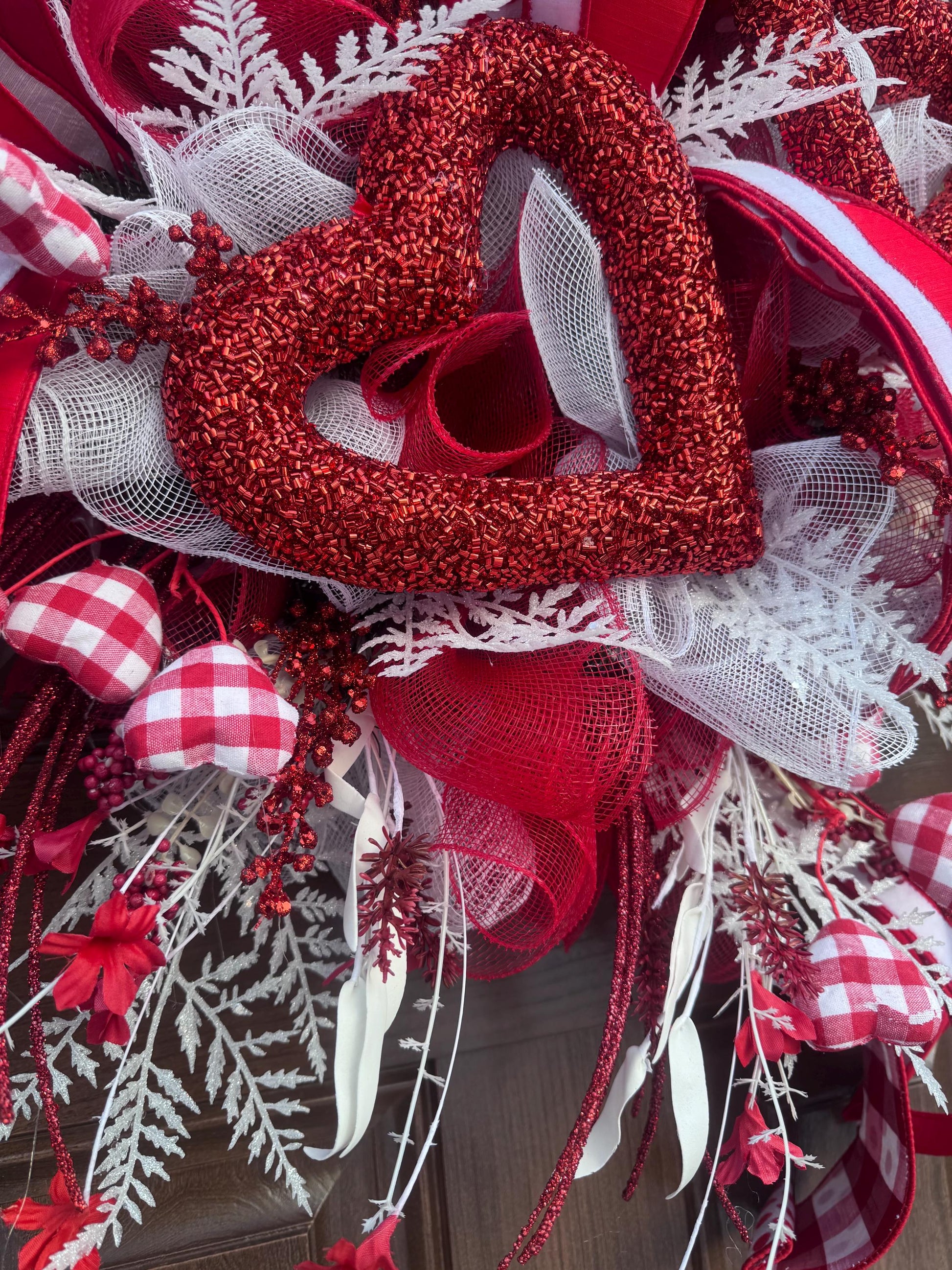 Valentine’s Day Heart Wreath, Red and White Front Door Decor, Love Theme Hanger, Romantic Handmade Gift Idea