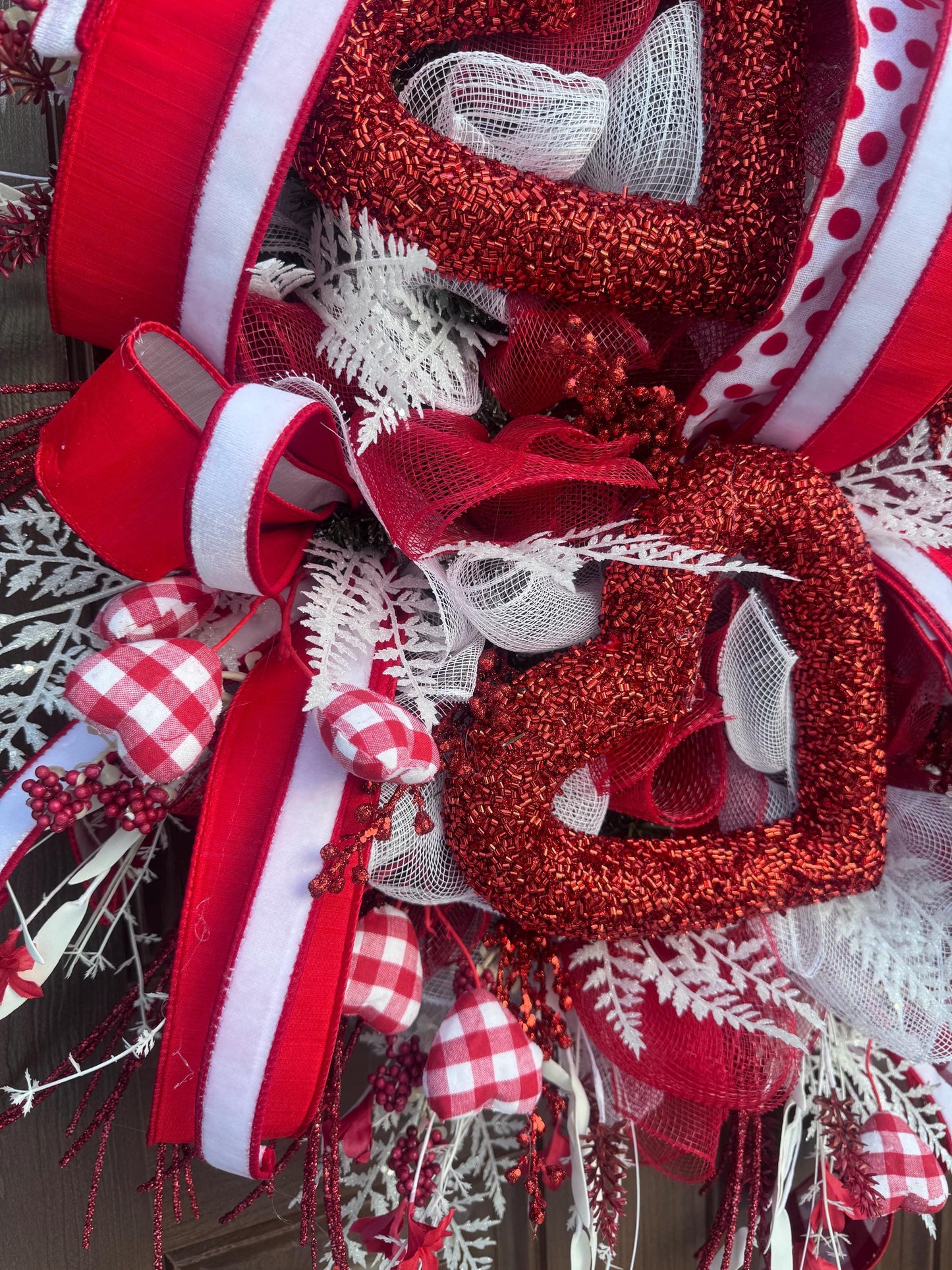 Valentine’s Day Heart Wreath, Red and White Front Door Decor, Love Theme Hanger, Romantic Handmade Gift Idea