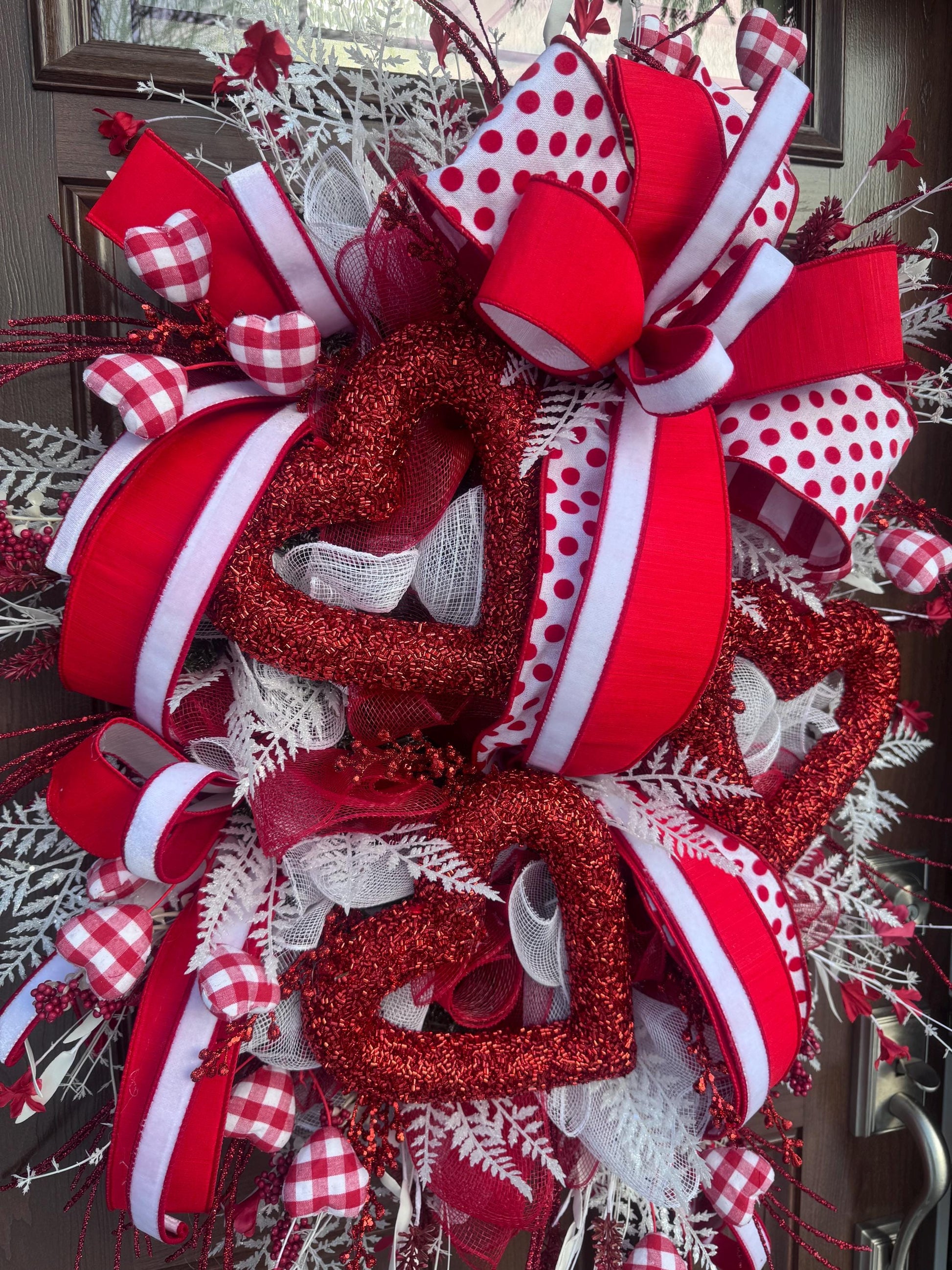 Valentine’s Day Heart Wreath, Red and White Front Door Decor, Love Theme Hanger, Romantic Handmade Gift Idea