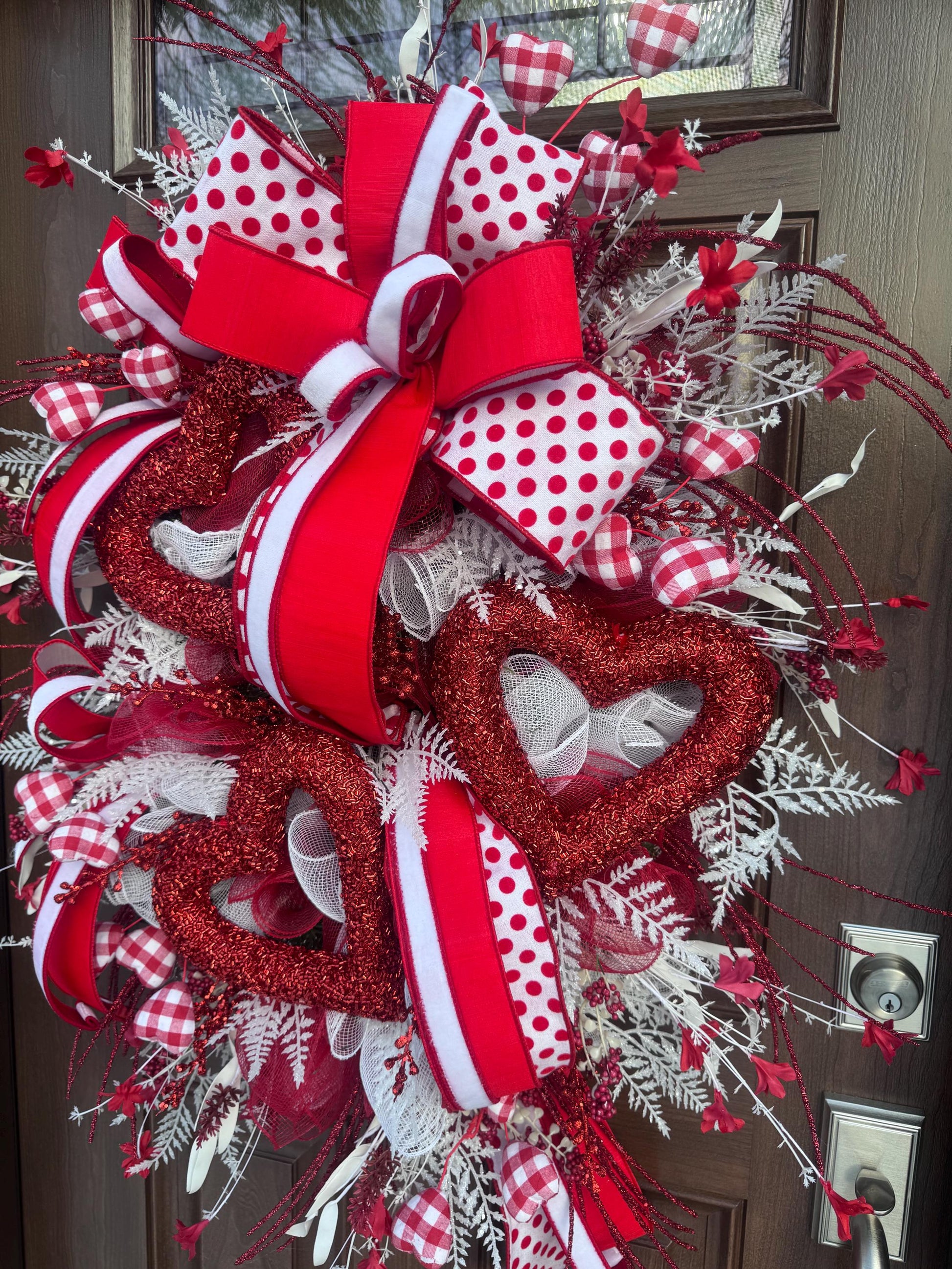 Valentine’s Day Heart Wreath, Red and White Front Door Decor, Love Theme Hanger, Romantic Handmade Gift Idea