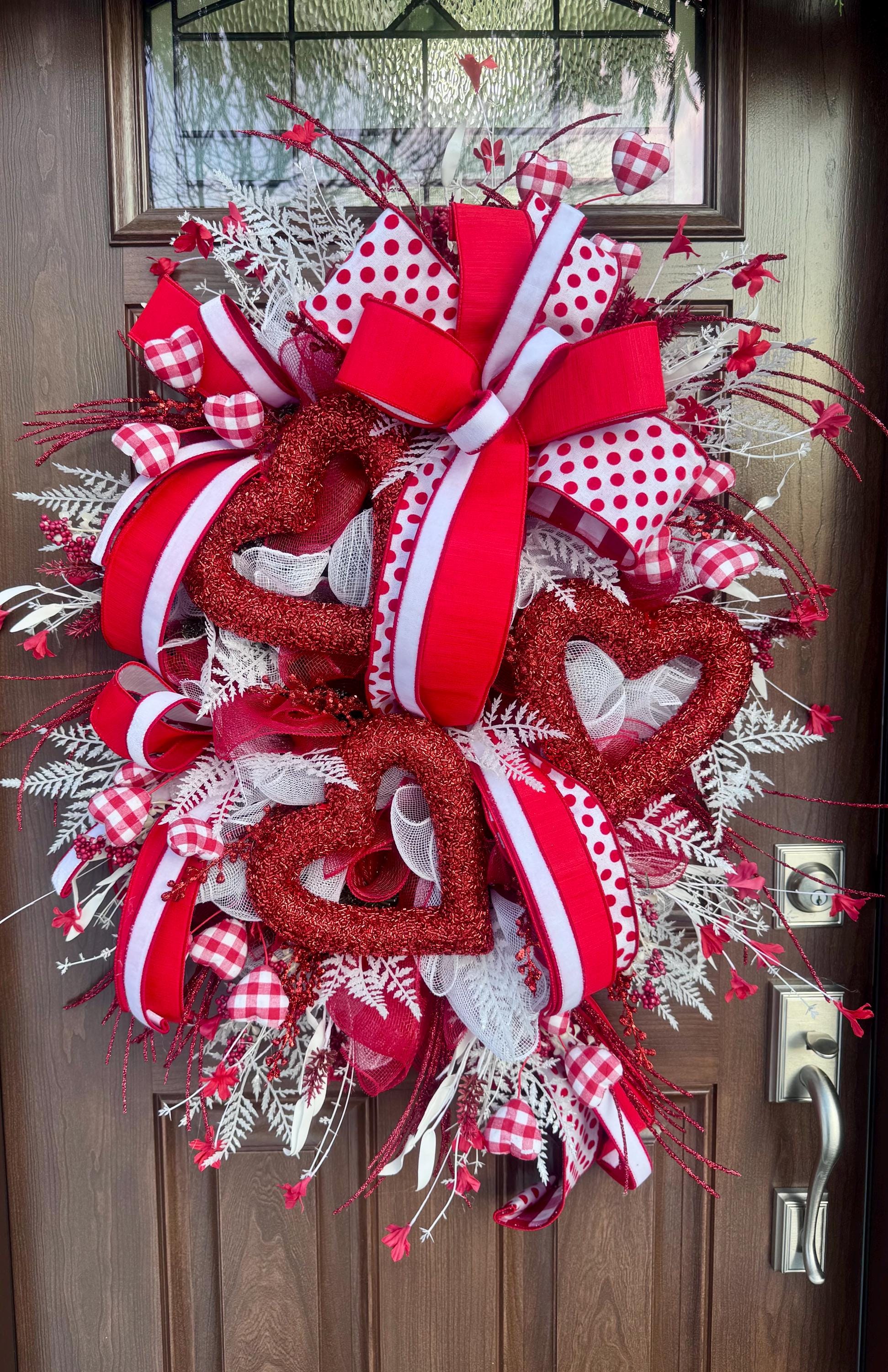 Valentine’s Day Heart Wreath, Red and White Front Door Decor, Love Theme Hanger, Romantic Handmade Gift Idea