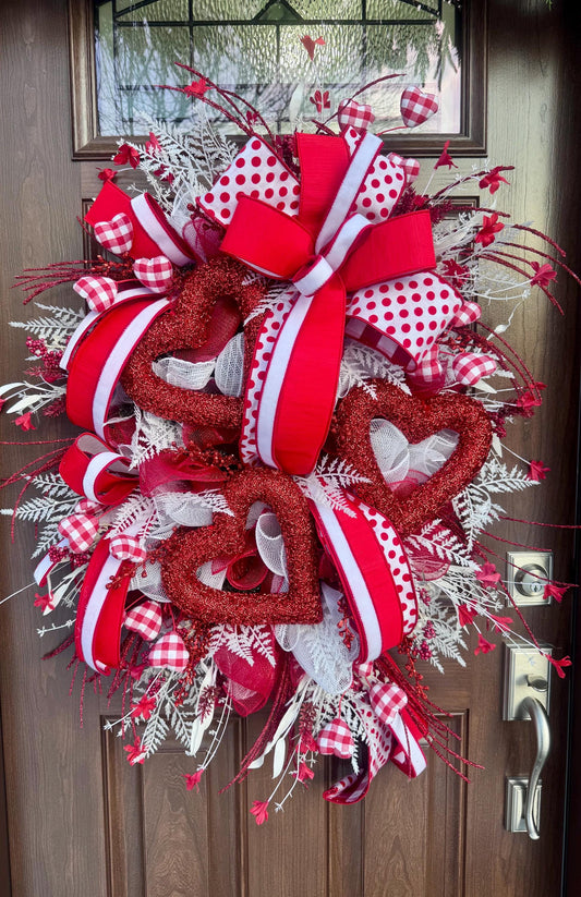 Valentine’s Day Heart Wreath, Red and White Front Door Decor, Love Theme Hanger, Romantic Handmade Gift Idea