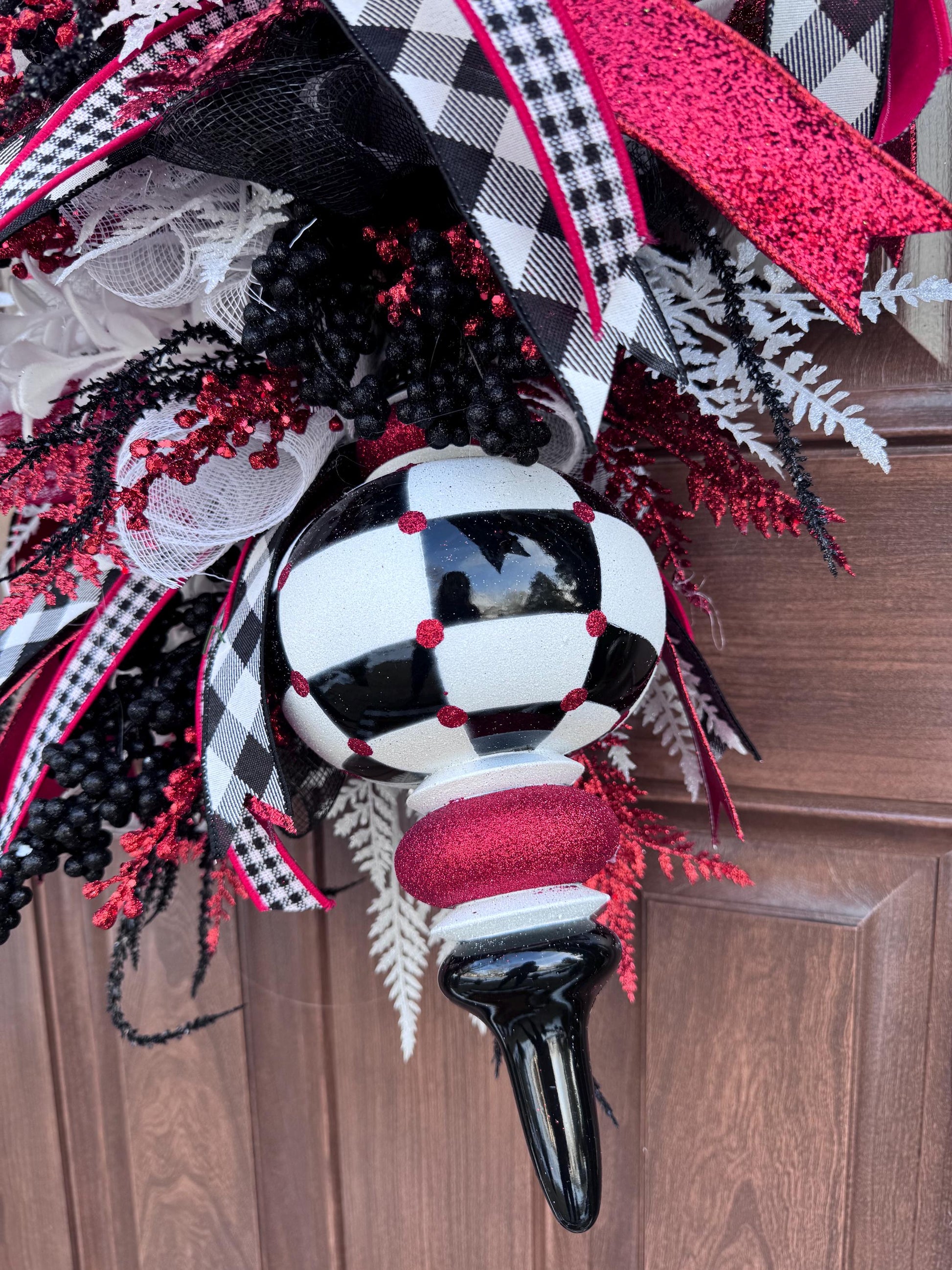 Glam Valentine’s Day Swag Wreath, Red Black & White Finial Ornament Door Decor, Romantic Statement Swag