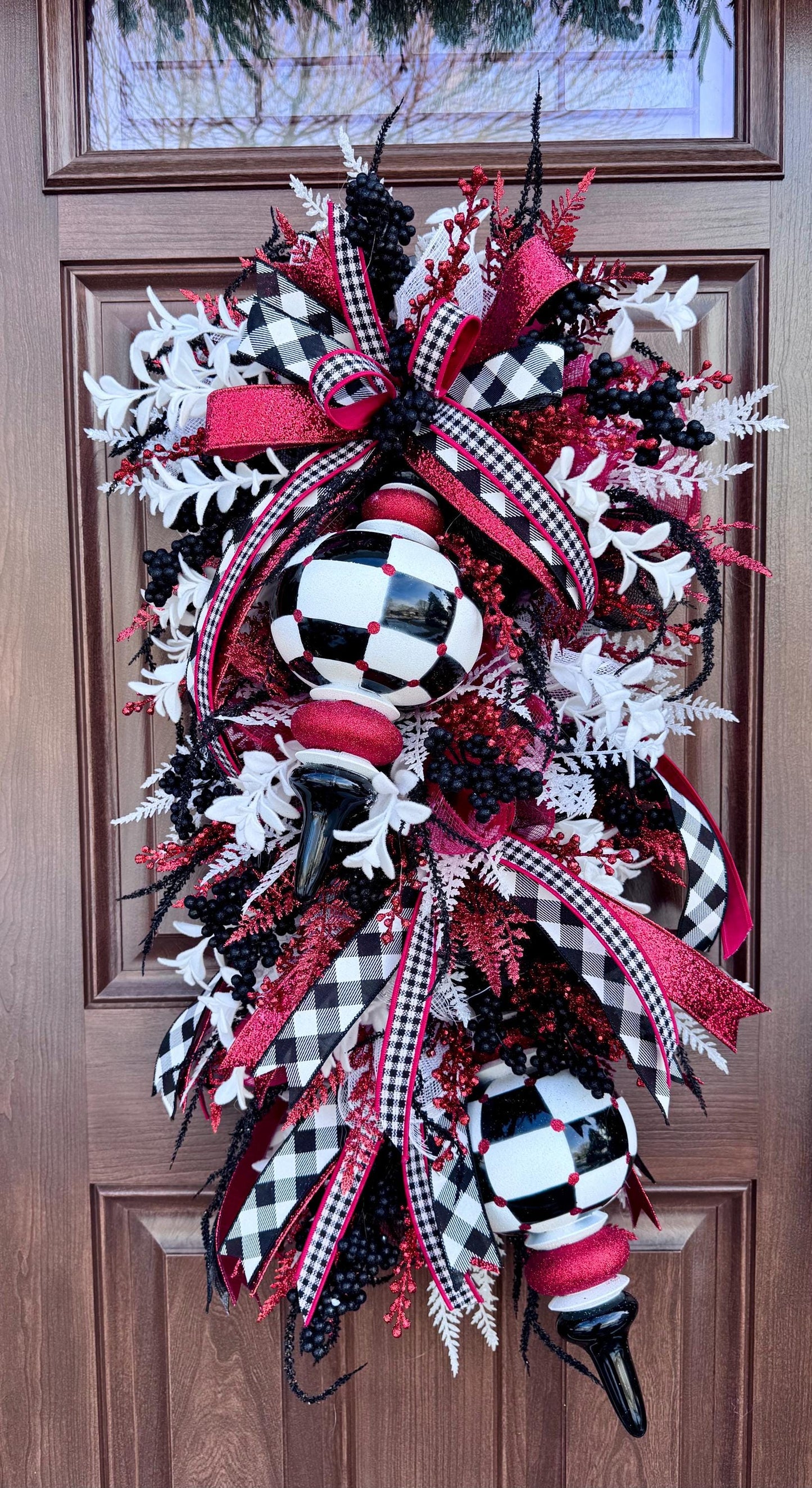 Glam Valentine’s Day Swag Wreath, Red Black & White Finial Ornament Door Decor, Romantic Statement Swag